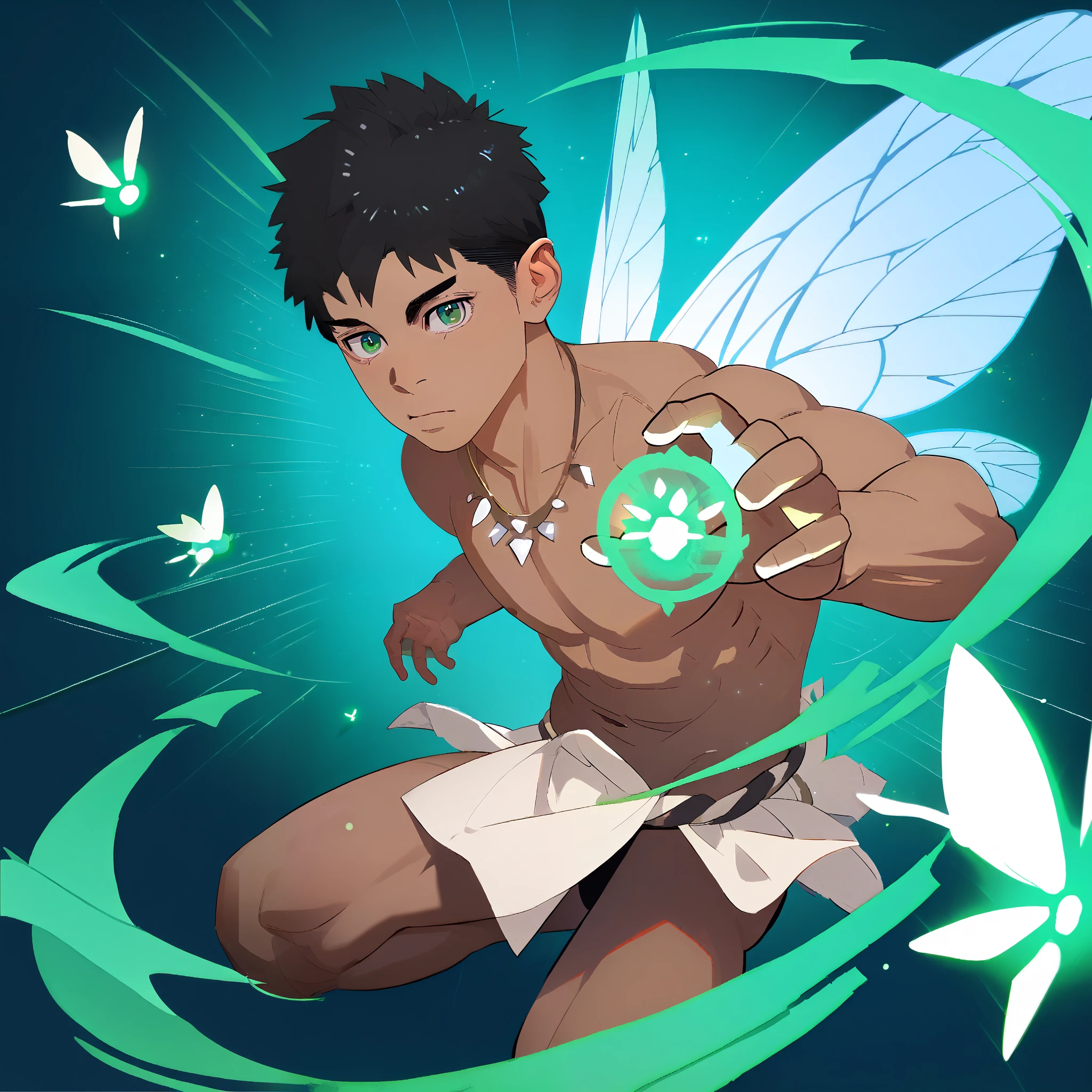 rating explicit, source anime, focus male, cinematic angle, motion lines, muscle, 1boy, whole body, dark skin male, handsome, green eyes, detailed eyes, black hair, jewelry, looking at viewer, necklace, loincloth, Fairy, Fairy white wings, casting green magic, magic vortex, hovering in the air, posing, looking at viewer, no background, best quality, amazing quality, best aesthetic, absurdres, Anatomically correct
