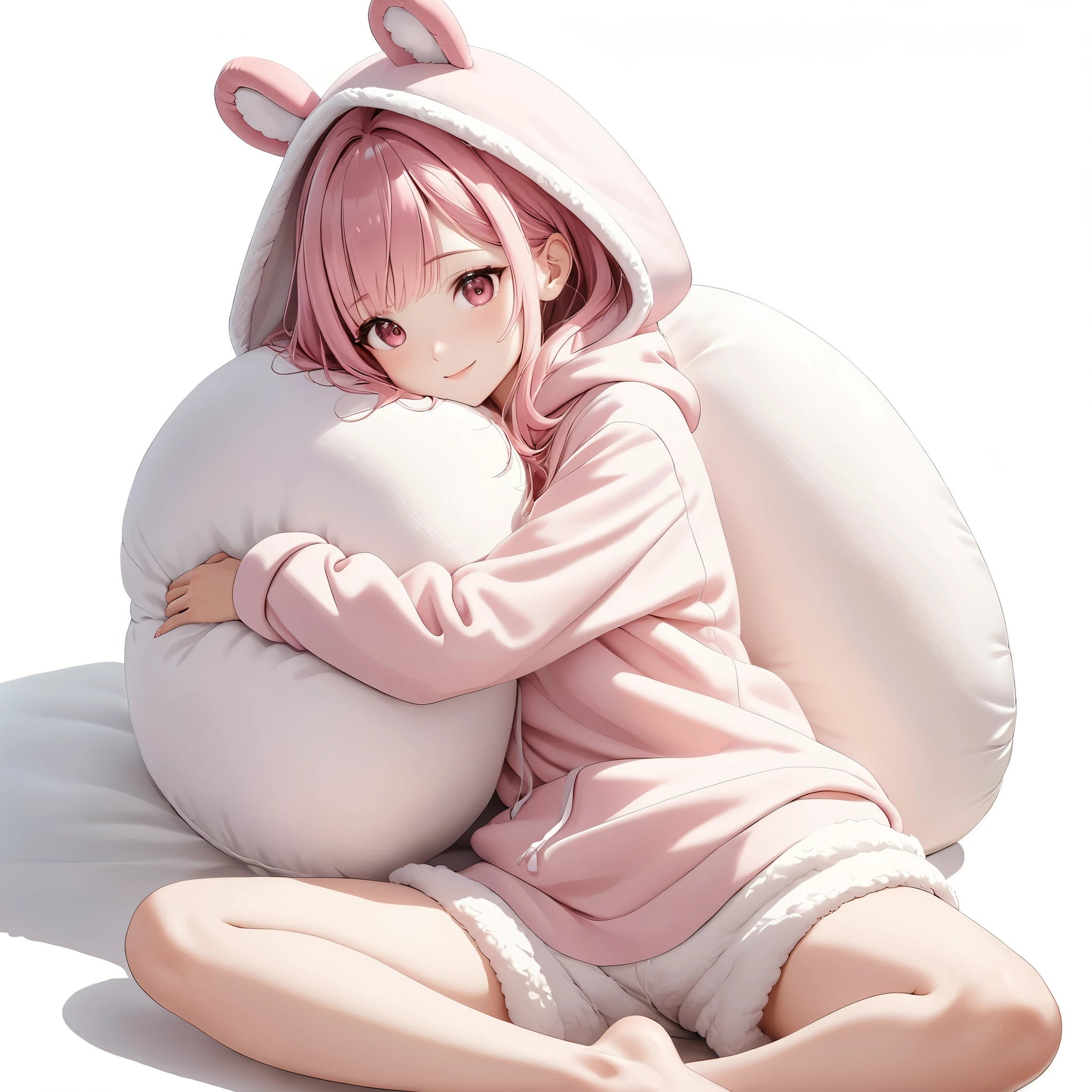 (8K, masutepiece, Best Quality, Official art, beautiful detailed, beautiful lighting, best masterpiece in history that exceeds limits), (1 Girl, Solo), (sixteen years old), (beautiful detailed face), (shiny white skin), (Beautiful big bust, cleavage, thighs, barefoot:1.3), (beautiful detailed pink hair, Bangs, ribbon:1.3), (beautiful detailed drooping pink eyes:1.5), (gelato pique room wears, winter warm room wears, pastel pink fluffy warm brushed wool hoodie, Put the hood on, fluffy animal ears pastel pink hood, loose long sleeves, overly long sleeves, pastel pink fluffy warm brushed wool shorts:1.3), (happy smile:1.2), (lying, lie on her back, hug a white long body pillow, clutch a white long body pillow to thighs:1.5), (Attractive, sensational, looking at viewer, cute pose), (no backgroun, simple white plain background:1.5),