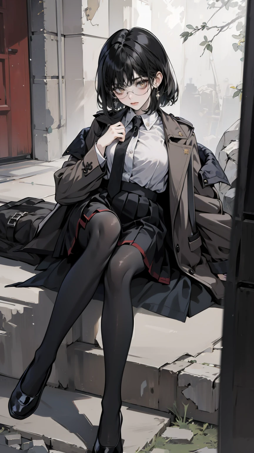 an anime girl with Glasses and a skirt sits on ground and poses,  1 girl , Alone, skirt, Have, shirt, white shirt, pantyhose, Red eyes, Glasses,  Black Hair  , shoes, red skirt, Check pattern skirt, Viewers, Open clothes, Check pattern, collared shirt, ,  Long Sleeve ,  mouth, Sitting, black pantyhose, indoor, bangs,  short hair, 黒縁Glasses,  brown jacket , Outside the shoulder,Add XL @Sparkling
