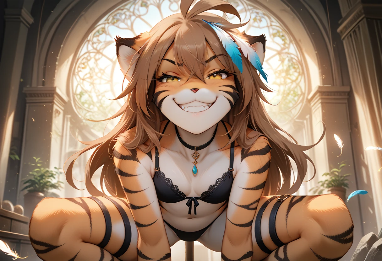 score_9, score_8_up, score_7_up, score_6_up, score_5_up, score_4_up, rating_explicit, source_furry, female, cute anthro female, (smug face, horny grin, smug grin, smile, smug smile), detailed background, looking at viewer, solo, solo focus, long hair, orange fur, smile, brown hair, tkflora, striped fur, ahoge, (black bra, black thong, black underwear, thigh strap), (feather on hair:1.4), (stone spear:1.4), tiger ears, seductive pose, crouching, spread legs