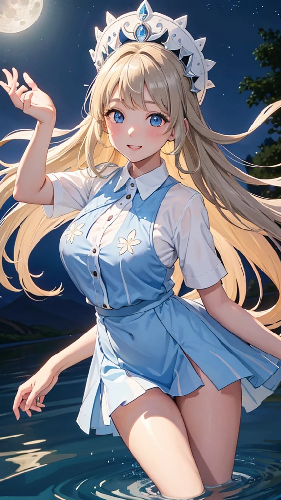 ray tracing,HDR,bloom effect,dynamic angle,light shafts, particle lighting, dynamic light,1girl, solo, wind,smile, 17 years old,middle breasts, long blonde twintails higher than ears, ahoge, (cyanstreaked hair:1.15), , blue sailor swimsuit, blue eyes, white shirt,hair ribbon,shiny skin,happy,(standing split)