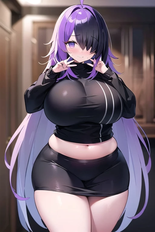 prettycostume,black,casual sweater,longskirt, big boobs that are too beautiful, Pastel colored hair, ( overly overwhelmingly huge big boobs :1.6, Long sagging breasts:1.6, Thighs:1.2, Thick legs:1.2, Curvy:1.2, Towering figure:1.6,  huge thick unnatural stomach ,  plump),  purple eyes, (Ahoge,  unkempt hair:1.2, Tired Hair:1.2,  inverted hair ,   very long hair  , Dark circles under the eyes:1.3),  Black Hair , (Purple Hair:1.2), (:1.2,  embarrassing:1.2, Quiet personality:1.2, [Frightened:1.2,  facing sideways , Wavy Mouth, shy),  put your hands on your face 