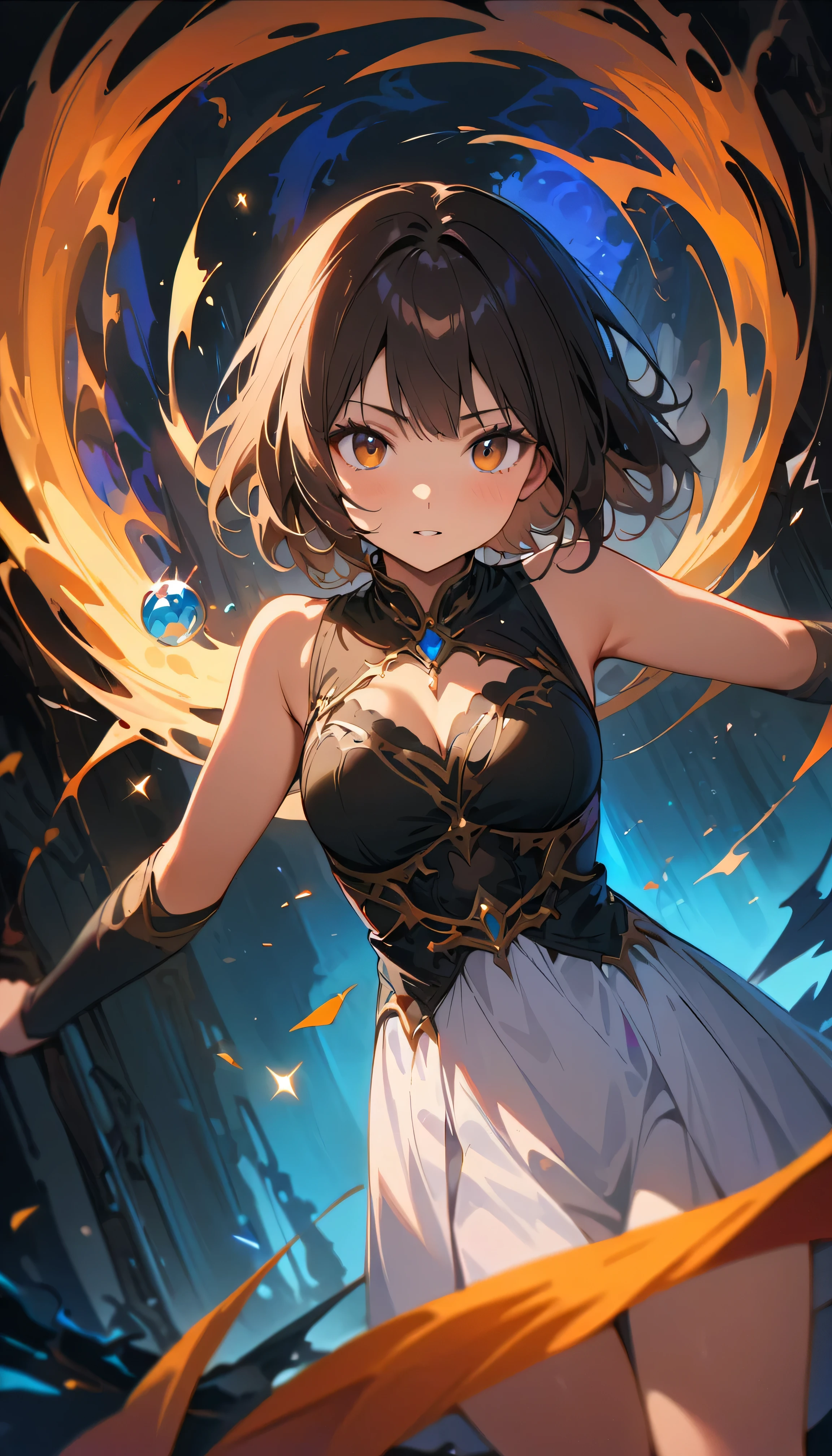 (Best Quality:1.2,  very detailed, up to date, Vibrant, masterpiece:1.2, Best Quality, Best aesthetics), (( front up shot :1.4)), 8K Ultra HD, Background Blur, One Woman, 8k,  very detailed, Beautiful Goddess, Backlight,  Brown Eyes , ( Best Shadow),  absurd, (abyss), Beautiful sparkle, Mystical place,  Fantasy , Another world, In the Dark, Reflection of light, Dynamic Angle, dress, Black Hair, young,  dynamic pose