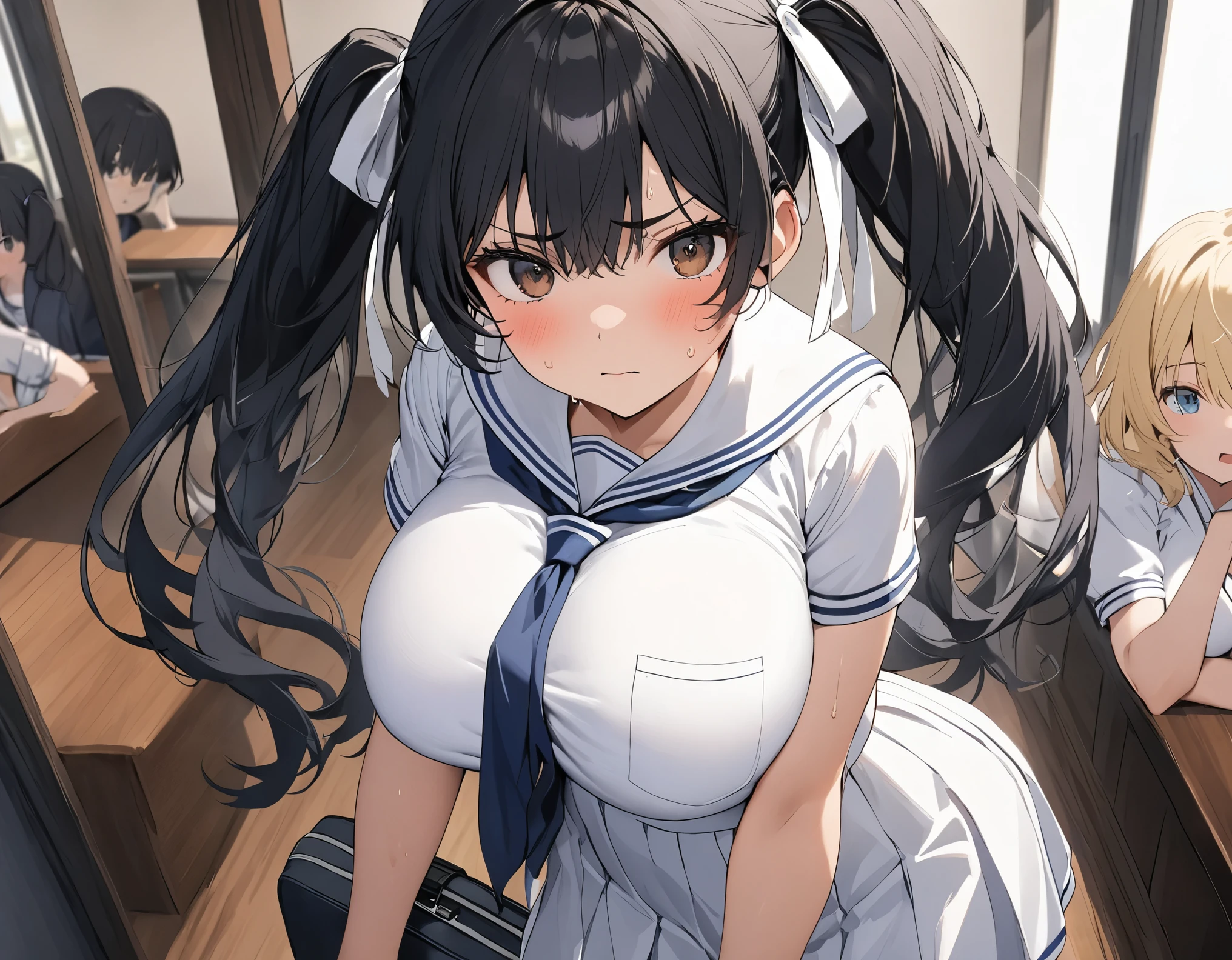 Close-up standing figure with a side perspective expression in the background is a dark blue high school girl with black hair :1.3( twin tails:1.3)A dark blue high school girl with middle hair, brown eyes, large white ribbon breasts, and large :1.2 thick legs for summer(White collar:1.2)Short-sleeved white summer sailor suit :1.Navy blue wearing 3 :1. 3 ties in a modern Japanese building, she is holding a Boston bag with wrinkles on her eyebrows and staring at her impatiently, her sweat source distorts the expression of anxiety, and a very impatient blond short haired high school student with short hair is standing nearby:1.3