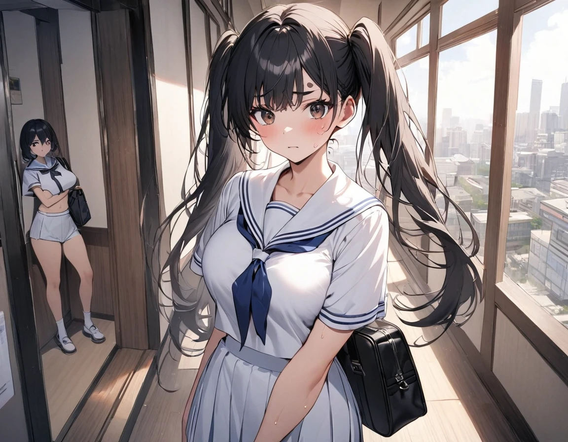 Standing from the side, the background is black hair between modern Japanese buildings:1.3( twin tails:1.3)A dark blue high school girl with middle hair, brown eyes, large white ribbon breasts, and large :1.2 thick legs for summer(White collar:1.2)Short-sleeved white summer sailor suit :1.Navy blue wearing 3 :1. 3 ties in a modern Japanese building, she is holding a Boston bag with wrinkles on her eyebrows and staring at her impatiently, her sweat source distorts the expression of anxiety, and a very impatient blond short haired high school student with short hair is standing nearby:1.3