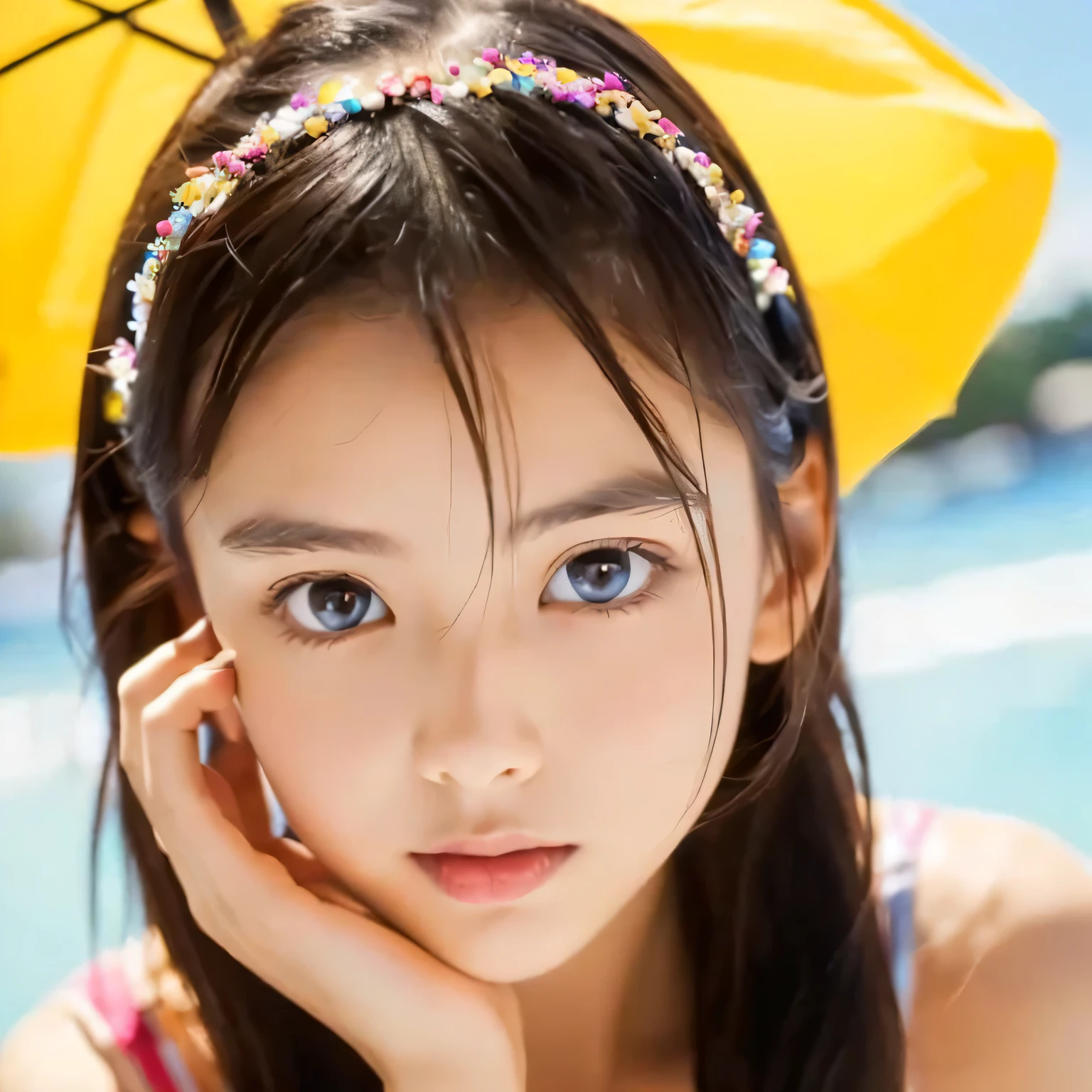 ((masterpiece, Best Quality,   Great Quality ,  Kampala )), alone,  BEAUTIFUL GIRLS, Sparkling Eyes,  perfect eyes, , , swimsuit　whole body　 in the center standing (((+++full body photo)))　Large tear troughs　Dark Eyes　 Japanese　Thin eyebrows