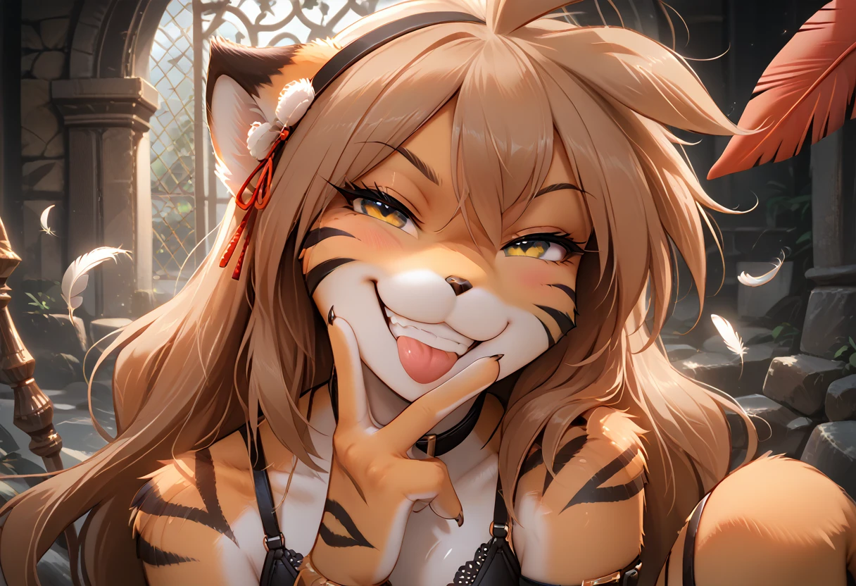 score_9, score_8_up, score_7_up, score_6_up, score_5_up, score_4_up, rating_explicit, source_furry, female, cute anthro female, (smug face, horny grin, smug grin, smile, smug smile, tongue out), detailed background, looking at viewer, solo, solo focus, long hair, orange fur, smile, brown hair, tkflora, striped fur, ahoge, (black bra, black thong, black underwear, thigh strap), (feather on hair:1.4), (stone spear:1.4), tiger ears, seductive pose, spread legs, raised leg, hand hovering over mouth doing cunnilingus gesture