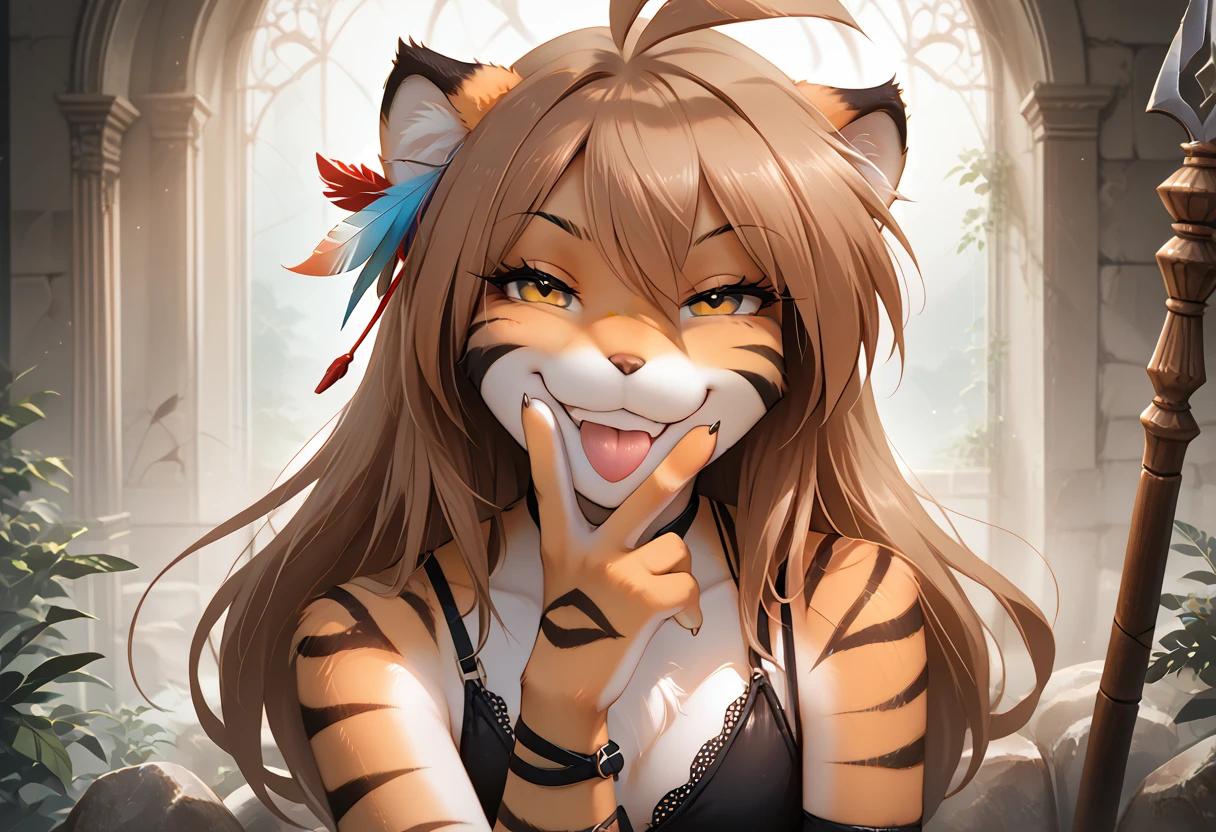 score_9, score_8_up, score_7_up, score_6_up, score_5_up, score_4_up, rating_explicit, source_furry, female, cute anthro female, (smug face, horny grin, smug grin, smile, smug smile, tongue out), detailed background, looking at viewer, solo, solo focus, long hair, orange fur, smile, brown hair, tkflora, striped fur, ahoge, (black bra, black thong, black underwear, thigh strap), (feather on hair:1.4), (stone spear:1.4), tiger ears, seductive pose, spread legs, raised leg, hand hovering over mouth doing cunnilingus gesture