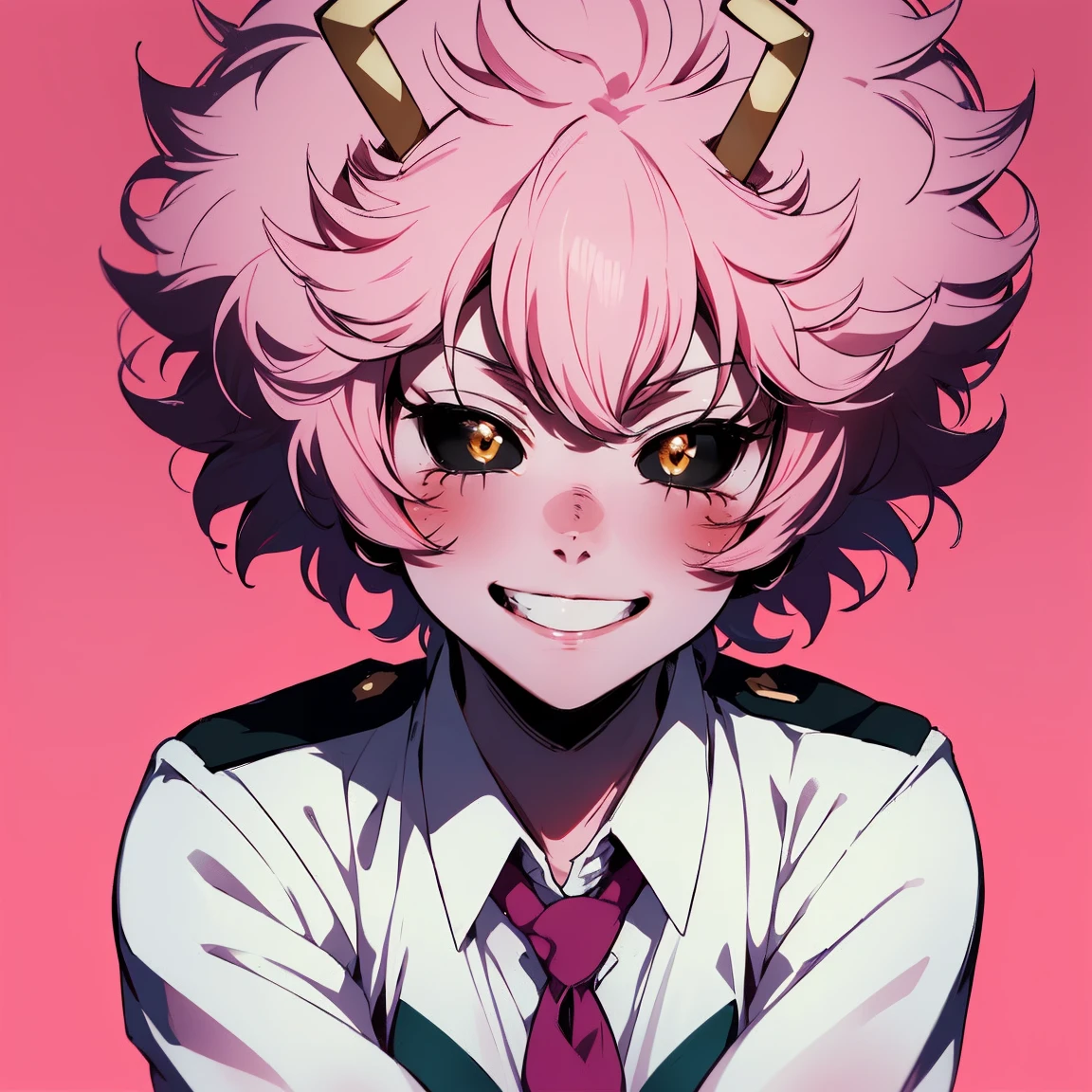 (best quality:1.3), (4k quality), 1 mature woman, Mina Ashido by boku no hero, school uniform, ((Detailed face)), (blush), whole body, large smile