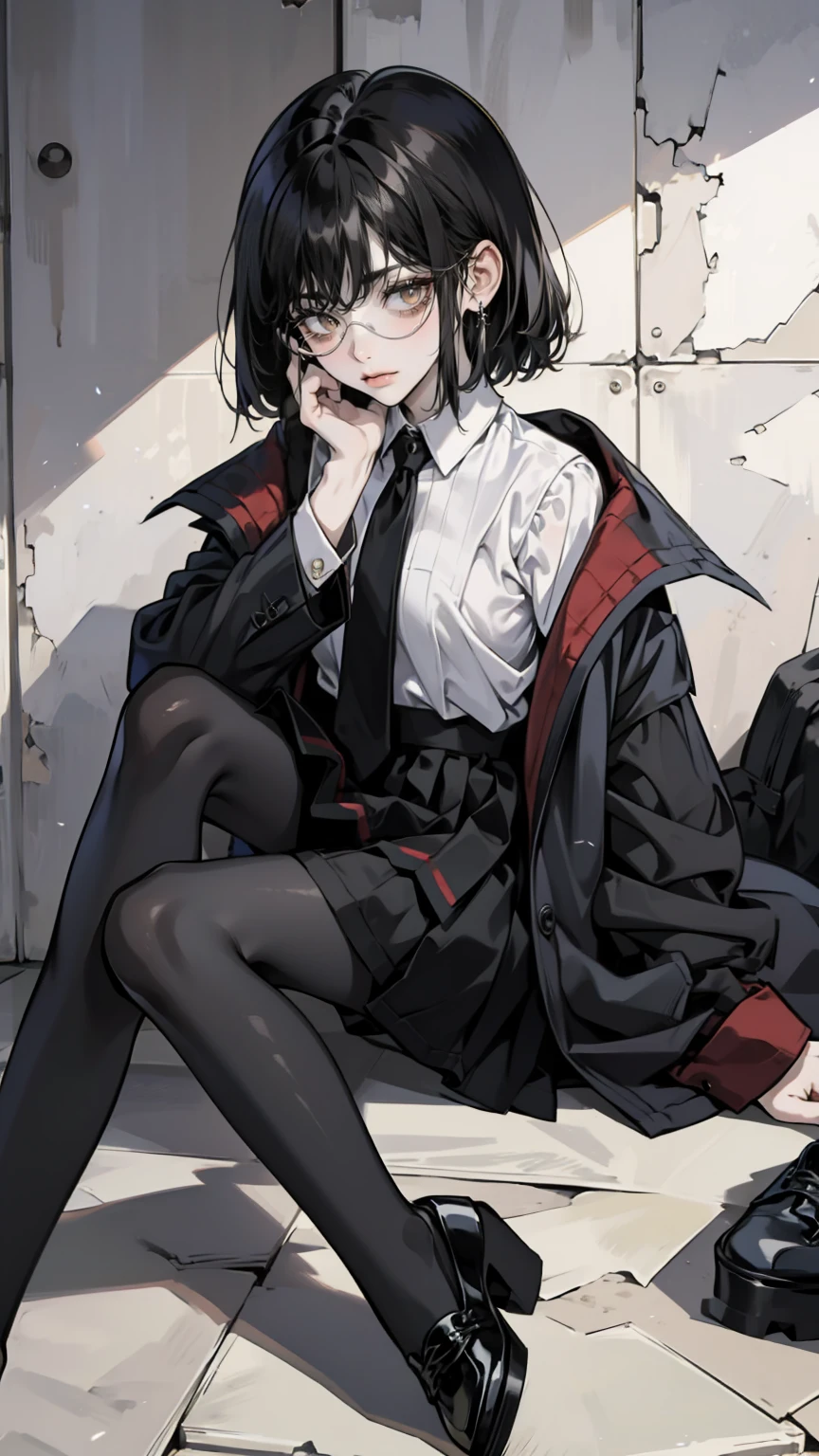 an anime girl with Glasses and a skirt sits on ground and poses,  1 girl , Alone, skirt, Have, shirt, white shirt, pantyhose, Red eyes, Glasses,  Black Hair  , shoes, red skirt, Check pattern skirt, Viewers, Open clothes, Check pattern, collared shirt, ,  Long Sleeve ,  mouth, Sitting, black pantyhose, indoor, bangs,  short hair, 黒縁Glasses,  brown jacket , Outside the shoulder,Add XL 
