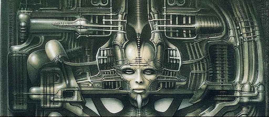 HRGGR, The image is a detailed view of H.R. Giger's biomechanical tableau \" LANDSCAPE No 312 \" plate, featuring a complex, intricate, and detailed design of endless Machine in the transit space over the cascade of fallen water, that appears to be a fusion of organic and mechanical elements, with a focus on the interplay between the two.The piece is a tableau, most likely created with a India ink pen or pencil on paper, determined by the thin lines, shading techniques, and the texture of the paper, which is visible around the edges. Used is pen, given the shading and variations in line weight visible in the image. Artist have used a variety of stylus with different degrees of hardness to achieve the shading effects. The use of undersaturated green-grays dark contrasts creates a stark and graphic look. Is used a variety of linework techniques to create different textures. Fine, parallel lines create a smooth, metallic texture,while thicker, more cursive lines suggest cables or wires. Light source from the top highlights skeletals, pper part of foreground, lower part of image is in shadowupper part of foreground, lower part of image is in shadow. The art performance showcases the artist’s skills in observation and rendering. The level of detail in the piece suggests a close study of real bone specimens and mechanics. The artist has skillfully used shading techniques to create a convincing illusion of three-dimensionality on a flat surface. The wrinkles and cracks in the surface, and the cast shadows with accuracy, used shading techniques to create a realistic depiction of light and shadow on the objects. This creates a sense of depth and dimension in the image. The artist has used careful linework to depict the contours and textures in the piece Sharp focus on foreground elements illustration. Deep and delicate DOF. Big painting. Stored in Louvre masterpiece, ooze soaked pajama top