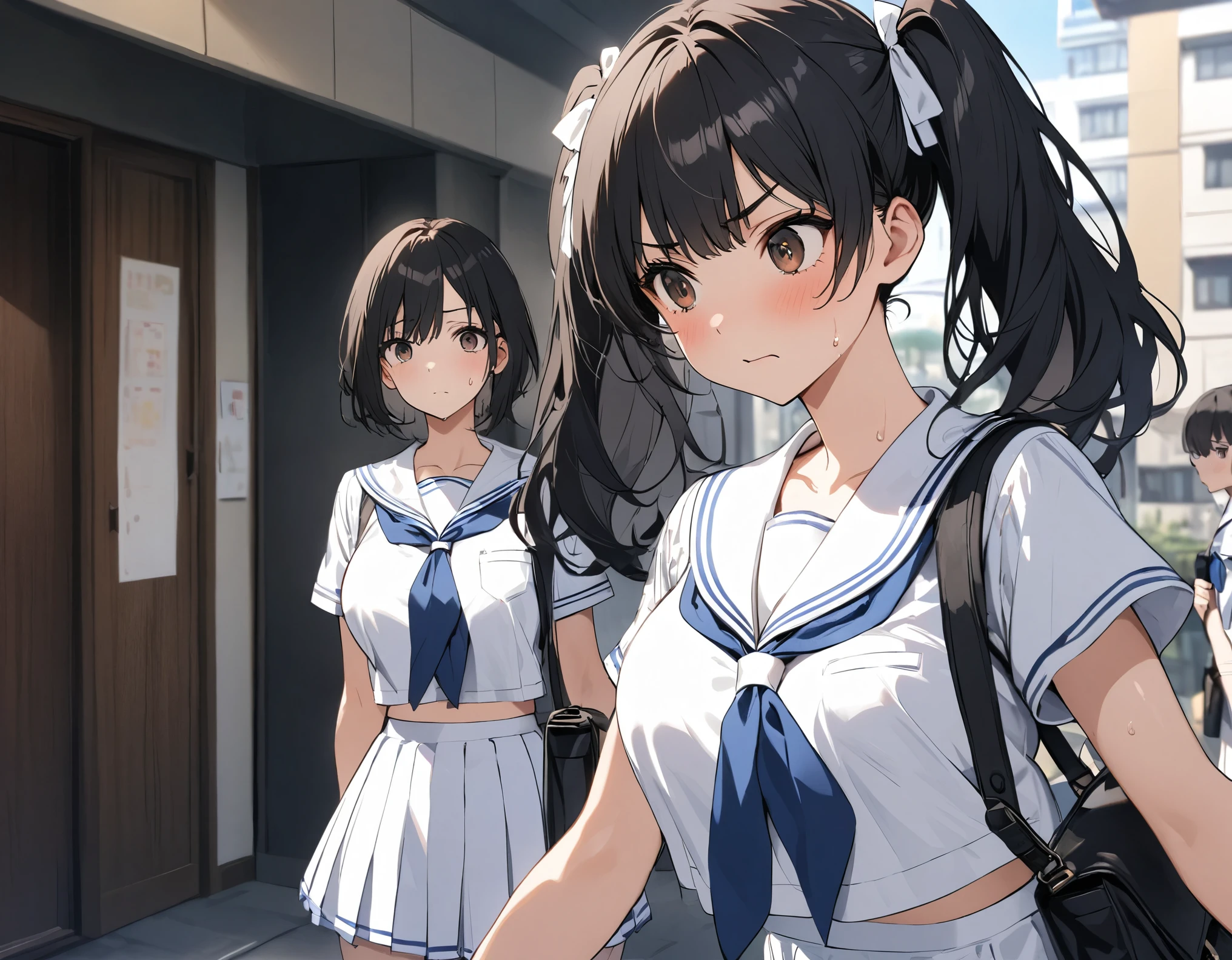 Standing from the side, the background is black hair between modern Japanese buildings:1.3( twin tails:1.3)A dark blue high school girl with middle hair, brown eyes, large white ribbon breasts, and large :1.2 thick legs for summer(White collar:1.2)Short-sleeved white summer sailor suit :1.Navy blue wearing 3 :1. 3 ties in a modern Japanese building, she is holding a Boston bag with wrinkles on her eyebrows and staring at her impatiently, her sweat source distorts the expression of anxiety, and a very impatient blond short haired high school student with short hair is standing nearby:1.3