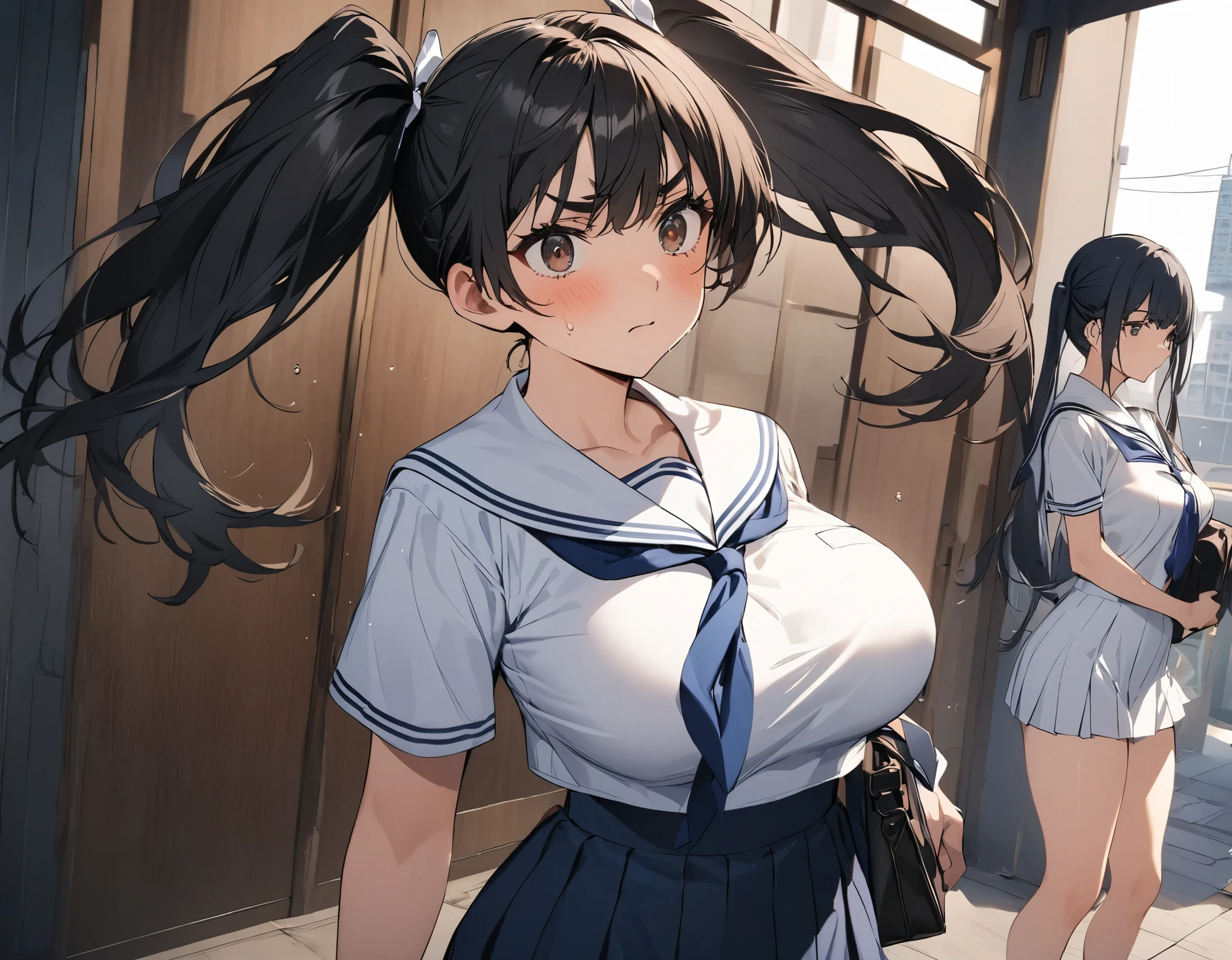 Standing from the side, the background is black hair between modern Japanese buildings:1.3( twin tails:1.3)A dark blue high school girl with middle hair, brown eyes, large white ribbon breasts, and large :1.2 thick legs for summer(White collar:1.2)Short-sleeved white summer sailor suit :1.Navy blue wearing 3 :1. 3 ties in a modern Japanese building, she is holding a Boston bag with wrinkles on her eyebrows and staring at her impatiently, her sweat source distorts the expression of anxiety, and a very impatient blond short haired high school student with short hair is standing nearby:1.3