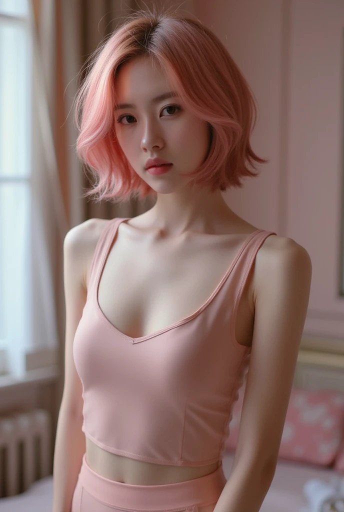 Close-up of a woman, short pink wavy hair, wearing a latex pink top and latex pink pants, transparent, model, seductive portrait, extremely detailed, High Detail, The photo was taken in the style of an anonymous artist, realistic photo, 16K, real skin texture.