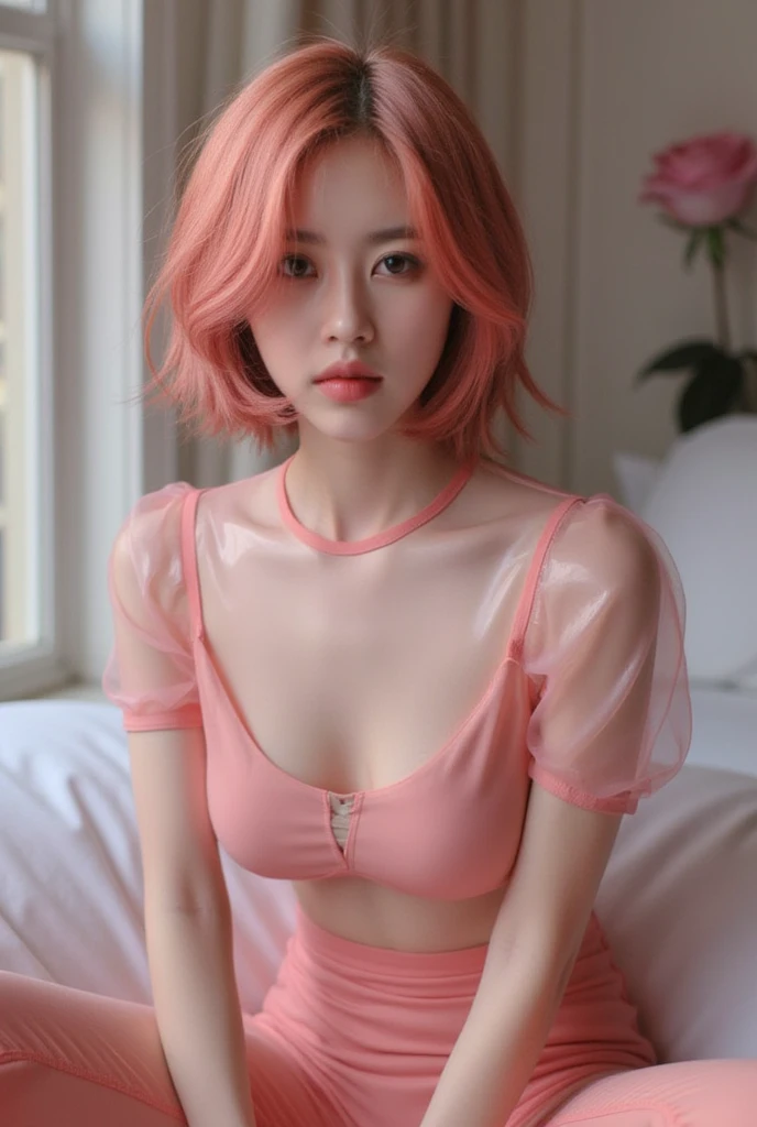 Close-up of a woman, short pink wavy hair, wearing a latex pink top and latex pink pants, transparent, model, seductive portrait, extremely detailed, High Detail, The photo was taken in the style of an anonymous artist, realistic photo, 16K, real skin texture.