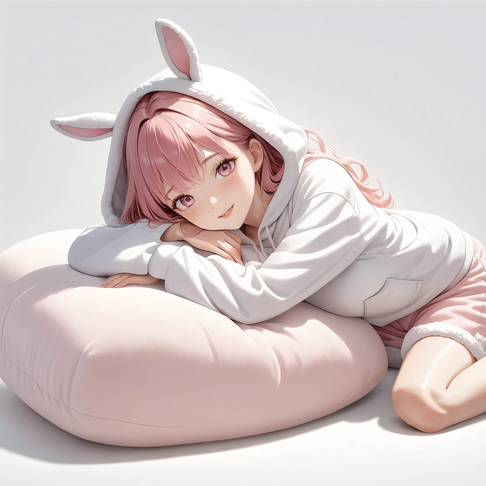 (8K, masutepiece, Best Quality, Official art, beautiful detailed, beautiful lighting, best masterpiece in history that exceeds limits), (1 Girl, Solo), (), (beautiful detailed face), (shiny white skin), (Beautiful big bust, cleavage, thighs, barefoot:1.3), (beautiful detailed pink hair, Bangs, ribbon:1.3), (beautiful detailed drooping pink eyes:1.5), (gelato pique room wears, winter warm room wears, pastel pink fluffy warm brushed wool hoodie, Put the hood on, fluffy animal ears pastel pink hood, loose long sleeves, overly long sleeves, pastel pink fluffy warm brushed wool shorts:1.3), (happy smile:1.2), (lying, lie on her back, hug a white long body pillow to thighs, clutch a white long body pillow to thighs:1.6), (Attractive, sensational, looking at viewer, cute pose), (no backgroun, simple white plain background:1.5),
