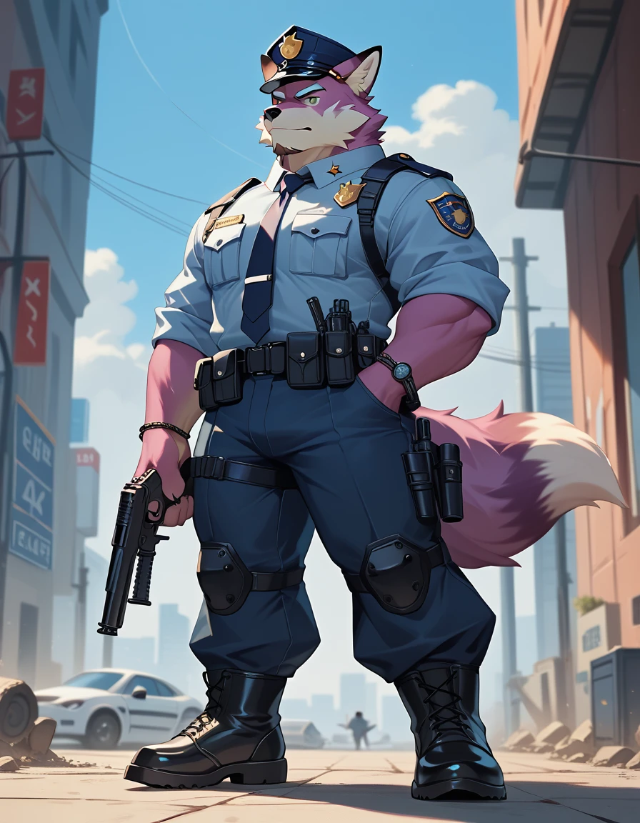 best quality, masterpiece, highres, detailed, thorn, anthro, kemono, male, solo, (((mature))), (((purple fox))), (((purple fur))), beard, white eyebrows, green eyes, (black police outfit, black police cap), (((archer, bow, compound bow))), military boots, (((full body))), a man in a uniform holding a gun and a fox, officer, an anthropomorphic cyberpunk fox, full uniform, commission for high res, detailed full body concept art, fullbody commission for, rpg portrait full body, furry character, official character art, ( ( character concept art ) ), full body shot hyperdetailed, character design police man, white background,