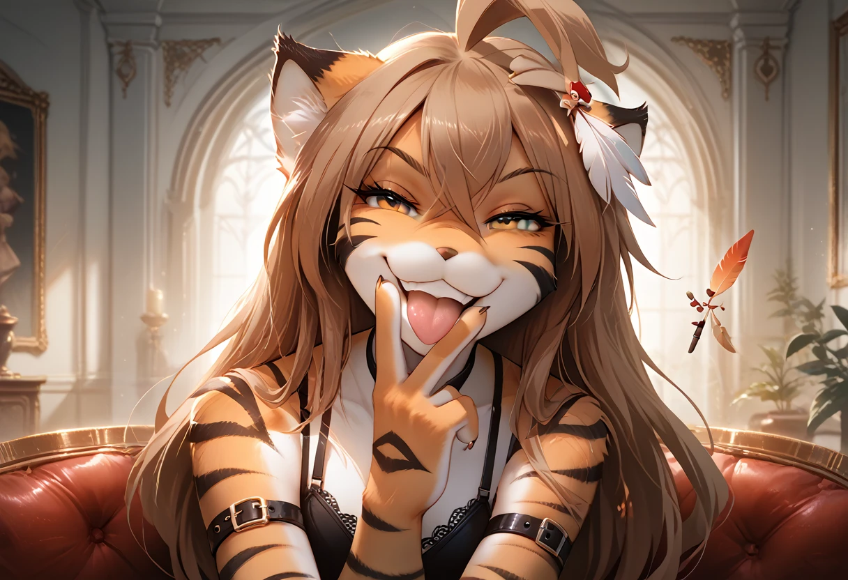 score_9, score_8_up, score_7_up, score_6_up, score_5_up, score_4_up, rating_explicit, source_furry, female, cute anthro female, (smug face, horny grin, smug grin, smile, smug smile, tongue out), detailed background, looking at viewer, solo, solo focus, long hair, orange fur, smile, brown hair, tkflora, striped fur, ahoge, full body, thighs, (black bra, black thong, black underwear, thigh strap), (feather on hair:1.4), tiger ears, seductive pose, spread legs, raised leg, hand hovering over mouth doing cunnilingus gesture