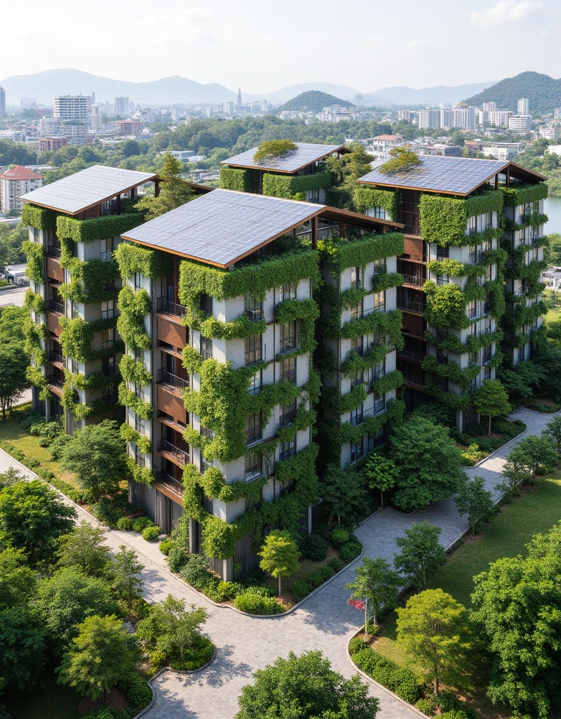 an architectural design of an eco-friendly residential complex. The buildings are mid-rise, with solar panels on the roofs and green facades covered in plants. The design should include communal gardens, large balconies, and terraces overlooking the city. Surround the complex with open green spaces, trees, and walkways, all designed for sustainable living. The atmosphere is calm and serene, with a modern urban aesthetic.