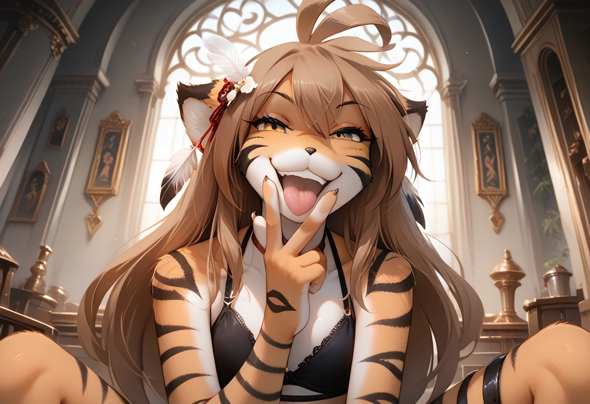 score_9, score_8_up, score_7_up, score_6_up, score_5_up, score_4_up, rating_explicit, source_furry, female, cute anthro female, (smug face, horny grin, smug grin, smile, smug smile, tongue out), detailed background, looking at viewer, solo, solo focus, long hair, orange fur, smile, brown hair, tkflora, striped fur, ahoge, full body, thighs, (black bra, black thong, black underwear, thigh strap), (feather on hair:1.4), tiger ears, seductive pose, spread legs, raised leg, hand hovering over mouth doing cunnilingus gesture, low angle view