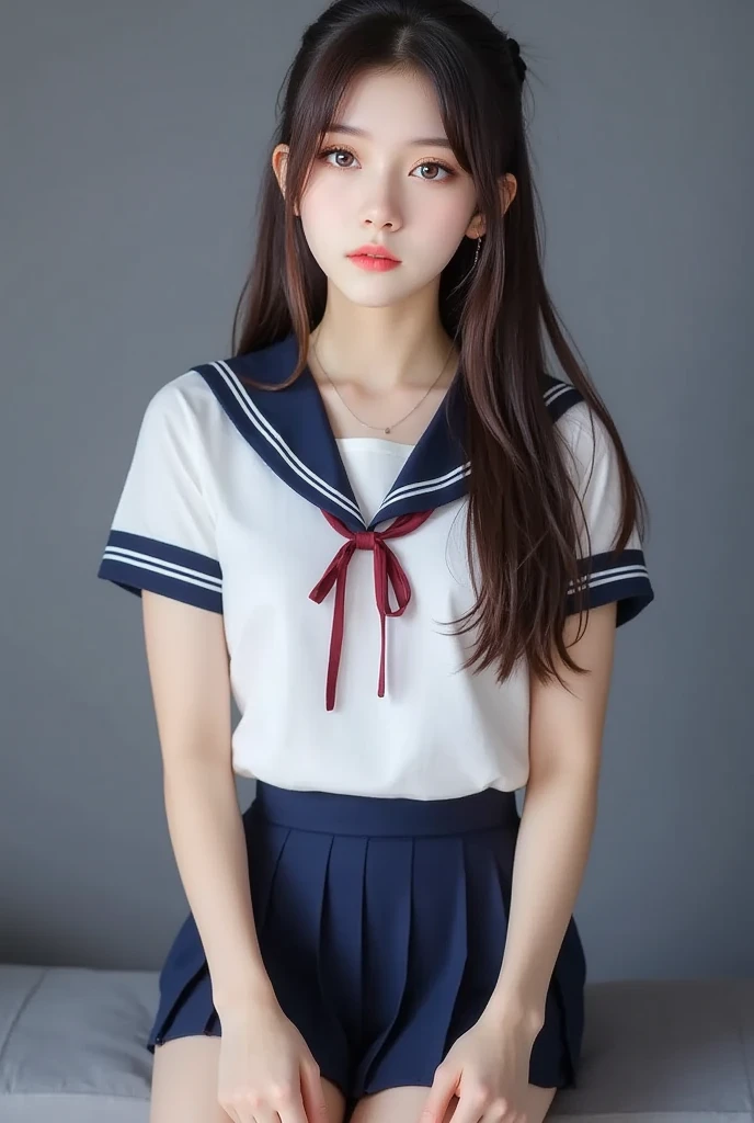 perfect composition, Proper placement, close, Beautiful Women, Brown Hair, Long Cut Hair, Brown eyes:1.21, Clear Eyes,  Perfect beauty, compensate, Pink lipstick:0.98, Perfect Anatomy, Small head, The classic sailor uniform from a prestigious metropolitan high school, White uniform, Short-sleeved sailor uniform:1.21, sera fuku:1.21, I can see your belly, Navy blue pleated mini skirt, Perfect beauty, Like a positive movie:1.21, (A photograph of a film frame captured on positive film:1.5), Gray simple background, sexy, orgasm, , Dramatic lighting, 