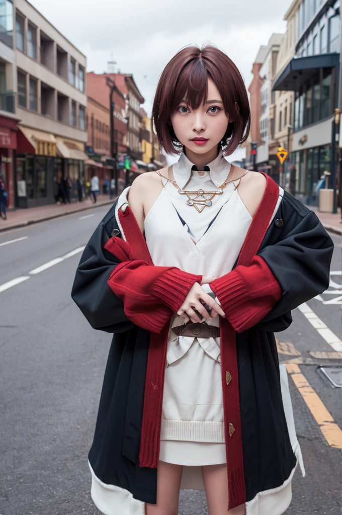 masterpiece、Best Quality、 Kampala、Ange、 short hair、Hair Clip、 red cardigan、 black coat、Off the shoulder、Sleeve length up to the wrist、 open coat 、White Skirt、、 cowboy shot 、 in the center standing、Outdoor、