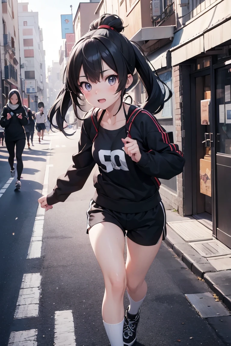 
Anime girl in black shorts and sports top,  running down a sidewalk in a city,  a photorealistic painting by Yang J , pixiv, realism, The anime girl runs, fit girl, Anime Style mixed with fujifilm, Ilja Kuwschinow. 4 k, realistic anime 3 d style , artwork in the style of guweiz, Anime Style. 8k, Detailed digital anime art