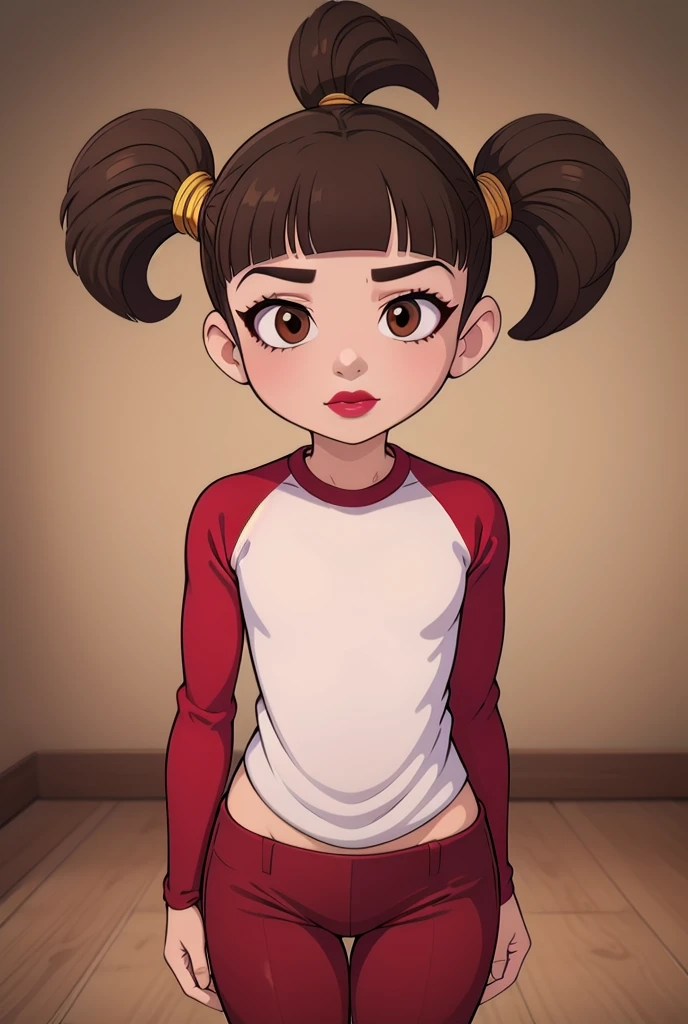 (masterpiece, best quality), 1girl,  solo,  Trixie, 1girl, solo, brown hair, short twintails, brown eyes,    blunt bangs,  white shirt, red raglan sleeves, pink lipstick,  red sleeves, red pants,