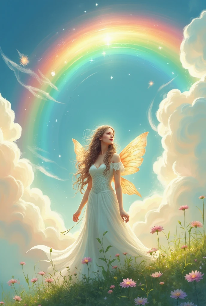 "An angel with delicate wings gazing at a bright rainbow in the sky. The background is filled with soft clouds, and the angel stands on a grassy hill. The colors are soft and pastel, with warm lighting, creating a sense of wonder and happiness."