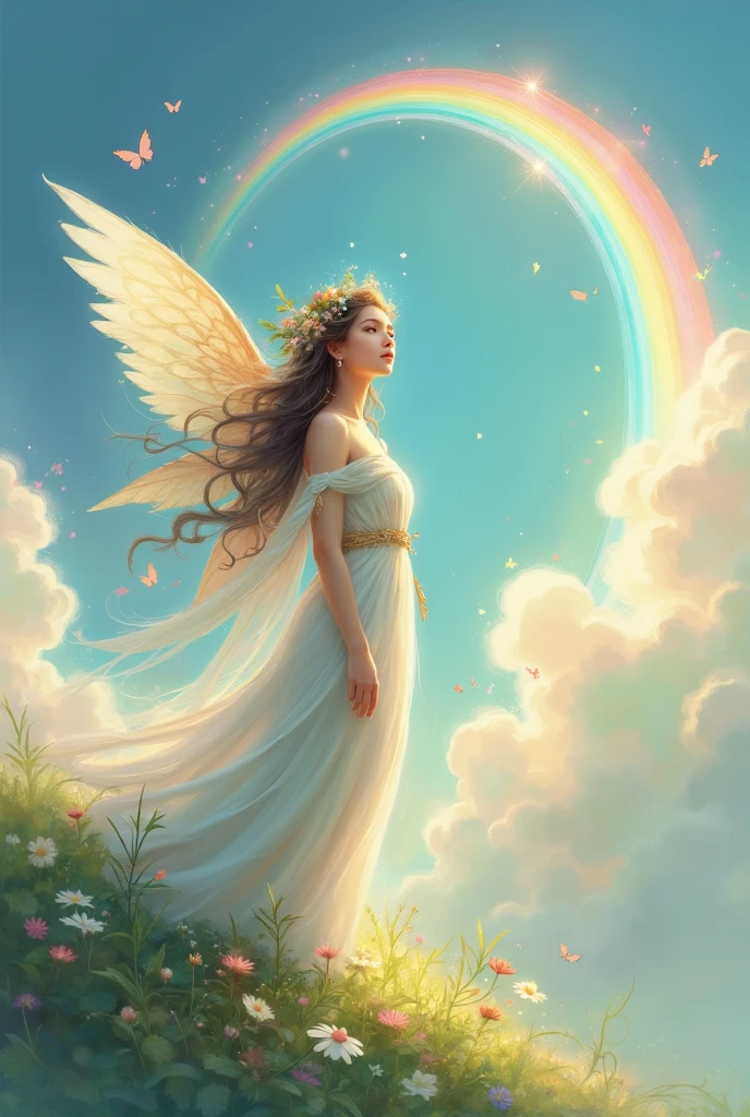 "An angel with delicate wings gazing at a bright rainbow in the sky. The background is filled with soft clouds, and the angel stands on a grassy hill. The colors are soft and pastel, with warm lighting, creating a sense of wonder and happiness."