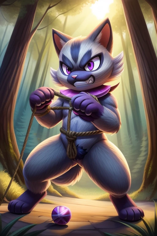 Flora Gato ,  Hairy Pokemon, cat, feet, only, (Body hair:1.2), ( best quality ), (DeTailed fluffy fur:1.1), Animal Hands, Tail,  purple eyes, Forest Background, day, Shiny, anger,   Clenched Teeth ,  Fighting Posture Female ,  look up with the naked eye , Alone,  Has a Yoyo , rope