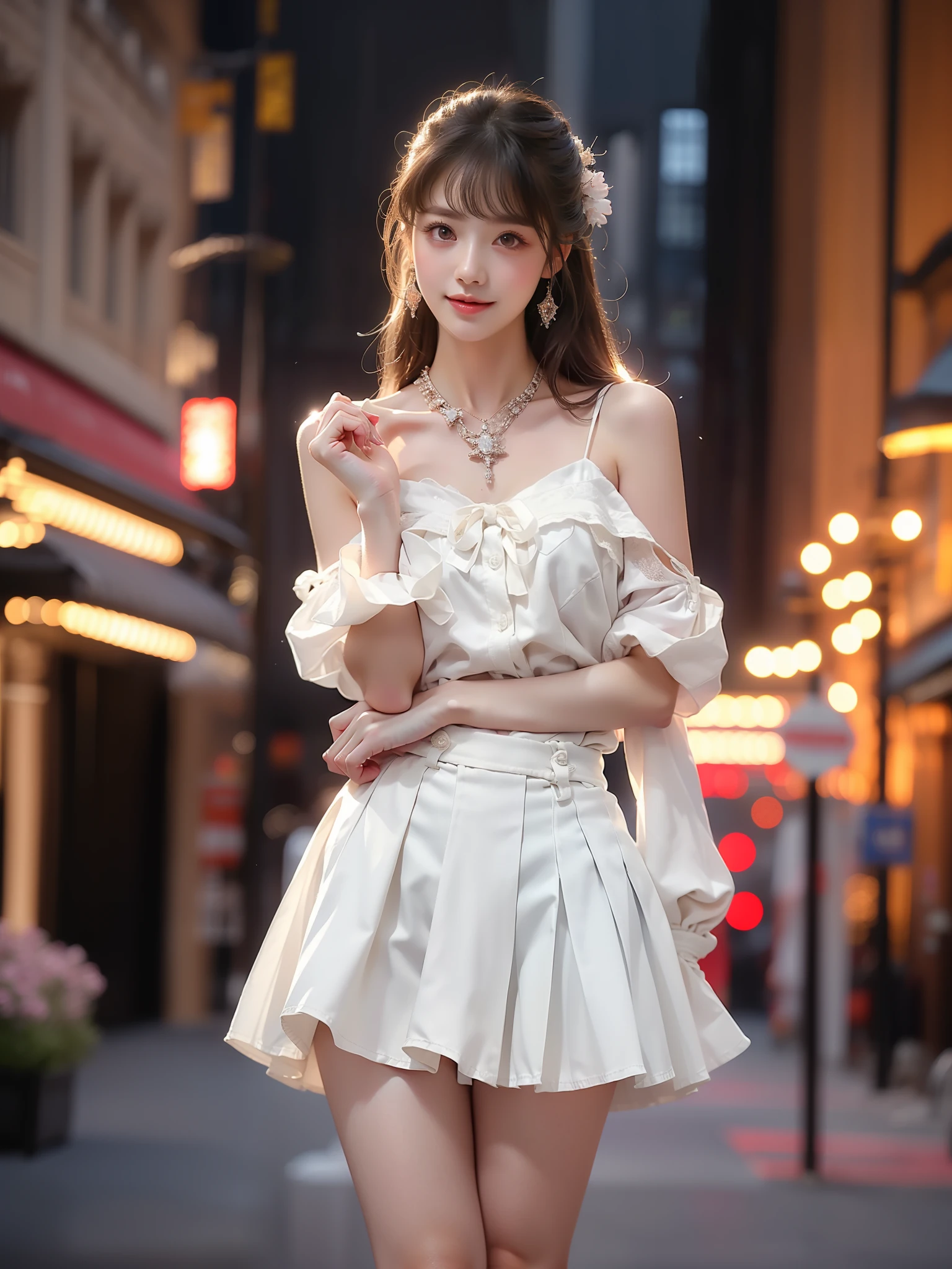 minegirl ,((full body)),  ((single bare shoulder)), (Asian beauty: 1.3), girl, solo,  ((Pleated skirts, short skirts, , very short hemline)), (toned body: 1.2), (naturally large breasts: 1.1), (visible cleavage: 0.8), (smooth flawless skin: 1.2), (perfect anatomical proportions: 1.3), (anatomically correct legs: 1.3), (elegantly long legs: 1.3), 1.1) Hands gently lift the skirt, (detailed features: 1.2), (big bright eyes: 1.1), (long eyelashes: 1.1), charming smile, gentle and confident expression, Head slightly tilted, long flowing hair, (night scene: 1.1), (starry sky: 1.0), (space background: 0.9), (professional soft light: 1.2), (warm tone: 1.1), (Masterpiece: 1.4), (Super Detail: 1.3), (Sharp focus: 1.2), (Realistic: 1.2), (Hi-Fi: 1.1)