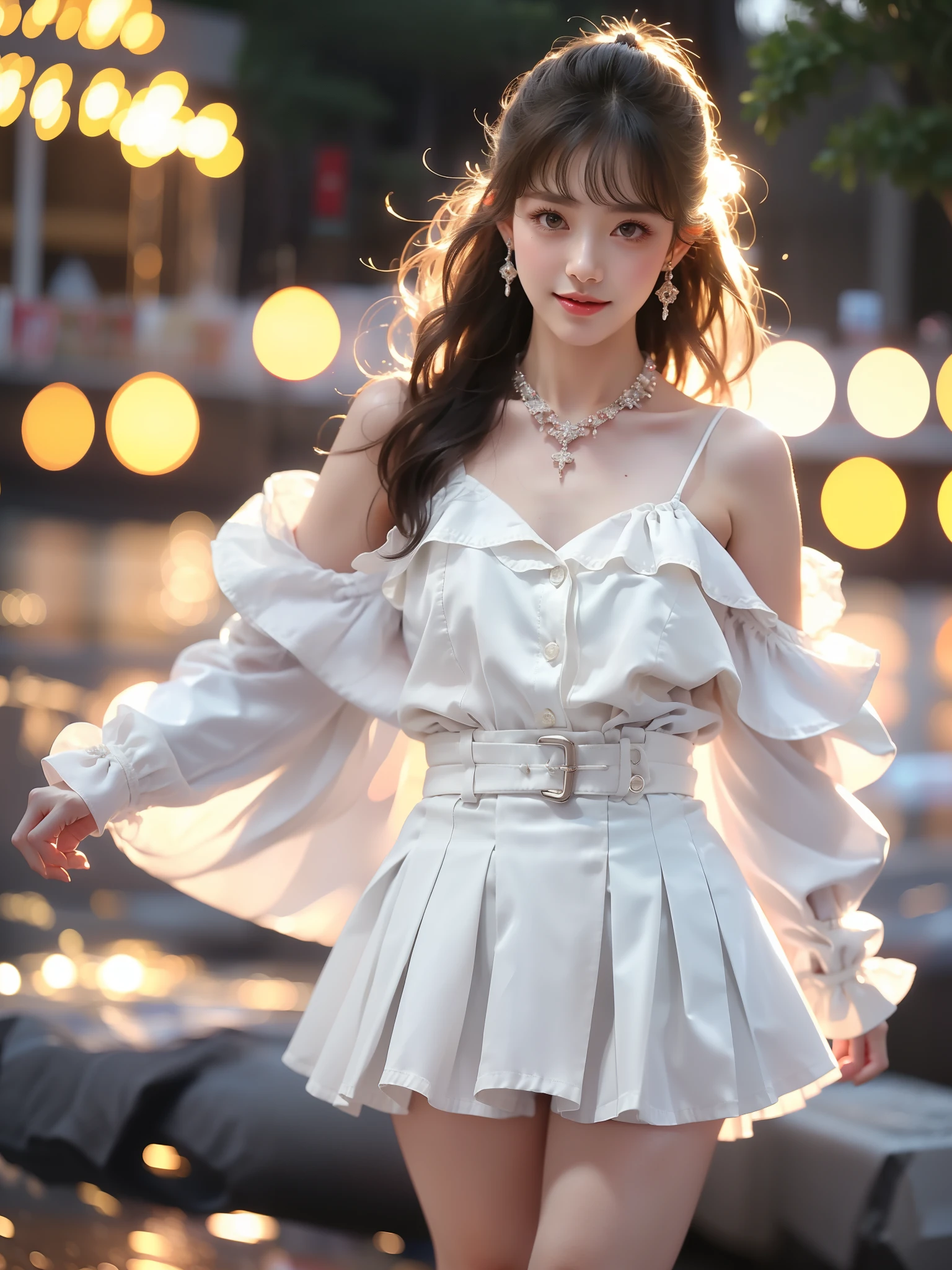 minegirl ,((full body)),  ((single bare shoulder)), (Asian beauty: 1.3), girl, solo,  ((Pleated skirts, short skirts, , very short hemline)), (toned body: 1.2), (naturally large breasts: 1.1), (visible cleavage: 0.8), (smooth flawless skin: 1.2), (perfect anatomical proportions: 1.3), (anatomically correct legs: 1.3), (elegantly long legs: 1.3), 1.1) Hands gently lift the skirt, (detailed features: 1.2), (big bright eyes: 1.1), (long eyelashes: 1.1), charming smile, gentle and confident expression, Head slightly tilted, long flowing hair, (night scene: 1.1), (starry sky: 1.0), (space background: 0.9), (professional soft light: 1.2), (warm tone: 1.1), (Masterpiece: 1.4), (Super Detail: 1.3), (Sharp focus: 1.2), (Realistic: 1.2), (Hi-Fi: 1.1)