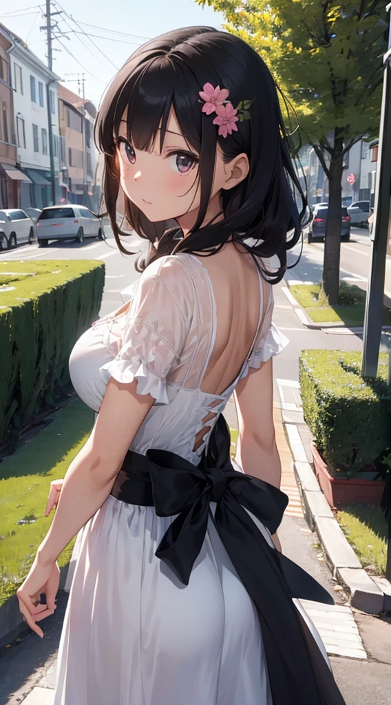 The background is in the style of Makoto Shinkai, with the viewer sitting in nature under a clear blue sky.。
A woman wearing an off-the-shoulder dress。
The color of the dress is white。
A sexy, mature atmosphere reminiscent of Minato Ward girls。
Hair is straight。