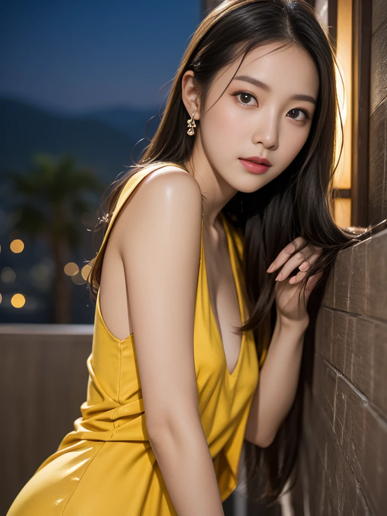 Charming woman,One person、((short))Braided Hair、((Light Brown Hair))、 (Wearing a yellow dress:1.2), necklace、Earrings、Beautiful Japanese actresses, (RAW Photos, Highest quality), (Realistic, Photorealistic:1.4), masterpiece, Very delicate and beautiful, Very detailed, 2k wallpaper, wonderful, finely, Very detailed CG Unity 8K 壁紙, Very detailedな, High resolution, Soft Light, Beautiful detailed girl, Very detailed目と顔, Beautiful and detailed nose, Beautiful and detailed, Cinema Lighting, break (Snowy night cityscape as background 1.3), City lights, (It's snowing:1.3), Perfect Anatomy, Slender body, ((Wearing glasses、Looking at a book、Library⦆、 (Knee to upper body),、