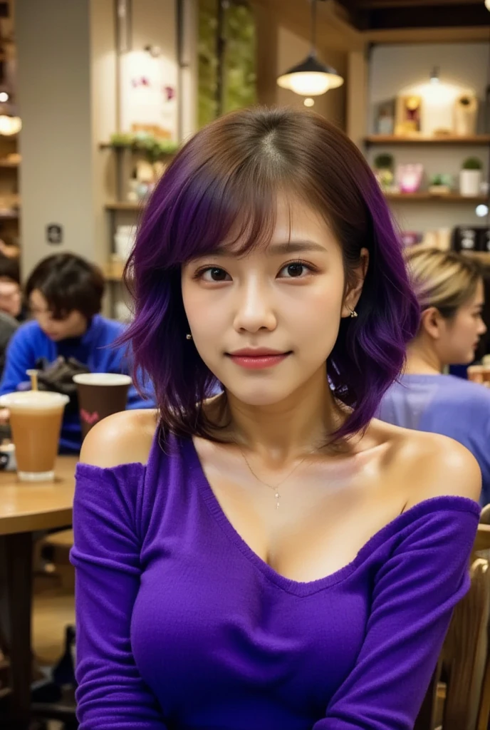 (full body short:1.3), beautiful woman, 25 years old, sitting, holding coffee mug, purple hair, makeup, medium bust, starbucks store interior, photorealistic, highly detailed, cinematic lighting