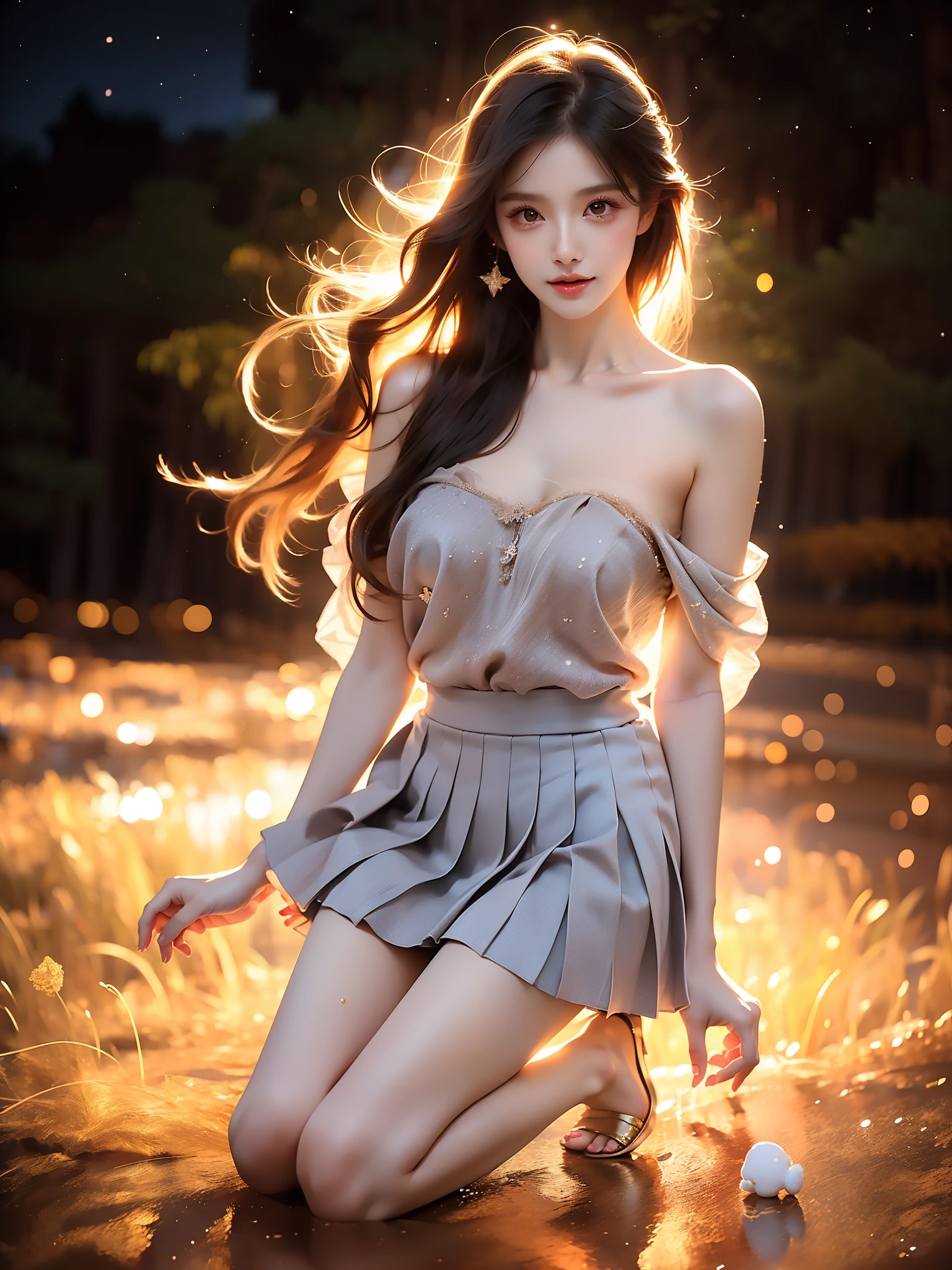 ,((full body)),  ((single bare shoulder)), (Asian beauty: 1.3), girl, solo,  ((Pleated skirts, short skirts, , very short hemline)), (toned body: 1.2), (naturally large breasts: 1.1), (visible cleavage: 0.8), (smooth flawless skin: 1.2), (perfect anatomical proportions: 1.3), (anatomically correct legs: 1.3), (elegantly long legs: 1.3), 1.1) Hands gently lift the skirt, (detailed features: 1.2), (big bright eyes: 1.1), (long eyelashes: 1.1), charming smile, gentle and confident expression, Head slightly tilted, long flowing hair, (night scene: 1.1), (starry sky: 1.0), (space background: 0.9), (professional soft light: 1.2), (warm tone: 1.1), (Masterpiece: 1.4), (Super Detail: 1.3), (Sharp focus: 1.2), (Realistic: 1.2), (Hi-Fi: 1.1)