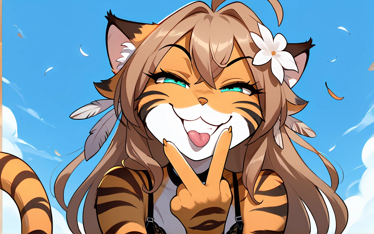 score_9, score_8_up, score_7_up, score_6_up, score_5_up, score_4_up, rating_explicit, source_furry, female, cute anthro female, (smug face, horny grin, smug grin, smile, smug smile, tongue out), detailed background, looking at viewer, solo, solo focus, long hair, orange fur, smile, brown hair, tkflora, striped fur, ahoge, full body, thighs, (black bra, black thong, black underwear, thigh strap), (feather on hair:1.4), tiger ears, seductive pose, spread legs, raised leg, hand hovering over mouth doing cunnilingus gesture, low angle view