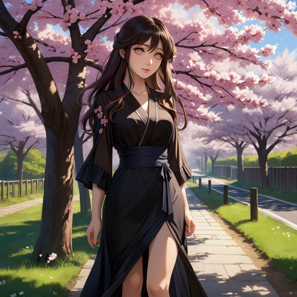 "A shy anime girl with a delicate figure stands alone on a quiet Japanese road, surrounded by cherry blossom trees in full bloom. She wears a stylish black dress that falls just above her knees, flowing gently in the breeze. Her long, silky hair, a soft shade of dark brown, cascades down her back, with a few loose strands framing her face.

Her large, expressive eyes are a deep shade of amber, reflecting her shy demeanor, and her cheeks are slightly flushed. She stands with her hands clasped in front of her, gazing downwards with a timid smile. The soft sunlight filters through the cherry blossoms, casting gentle shadows that enhance the details of her dress and the serene atmosphere of the scene.

The backdrop features a picturesque view of the road lined with blooming trees, creating a tranquil and inviting environment. The image is rendered in stunning HDR and 4K, capturing every detail, from her outfit and hair to the intricate play of light and shadow around her."