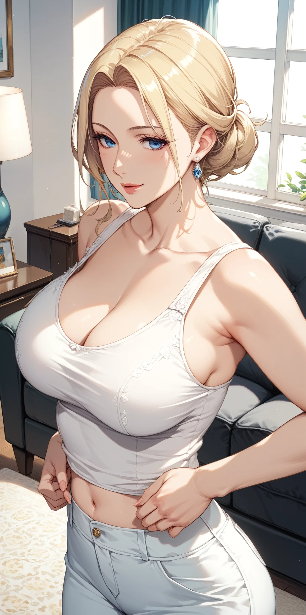 score_9, score_8_up, score_7_up, blonde, chignon hair, blue eyes, perfect eyes, anime milf, elegant mature woman, wise face, thin camisole, home, soft light