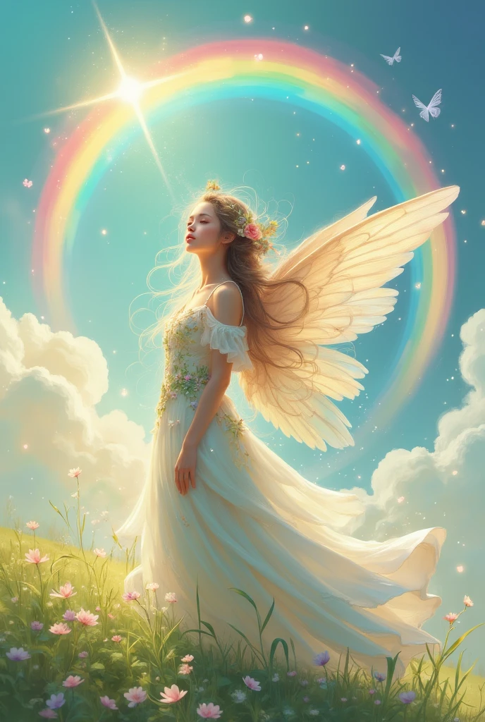 "An angel with delicate wings gazing at a bright rainbow in the sky. The background is filled with soft clouds, and the angel stands on a grassy hill. The colors are soft and pastel, with warm lighting, creating a sense of wonder and happiness."