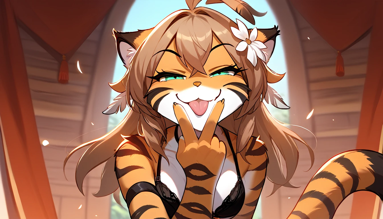 score_9, score_8_up, score_7_up, score_6_up, score_5_up, score_4_up, rating_explicit, source_furry, female, cute anthro female, (smug face, horny grin, smug grin, smile, smug smile, tongue out), detailed background, looking at viewer, solo, solo focus, long hair, orange fur, smile, brown hair, tkflora, striped fur, ahoge, full body, thighs, (black bra, black thong, black underwear, thigh strap), (feather on hair:1.4), tiger ears, seductive pose, spread legs, raised leg, hand hovering over mouth doing cunnilingus gesture, low angle view