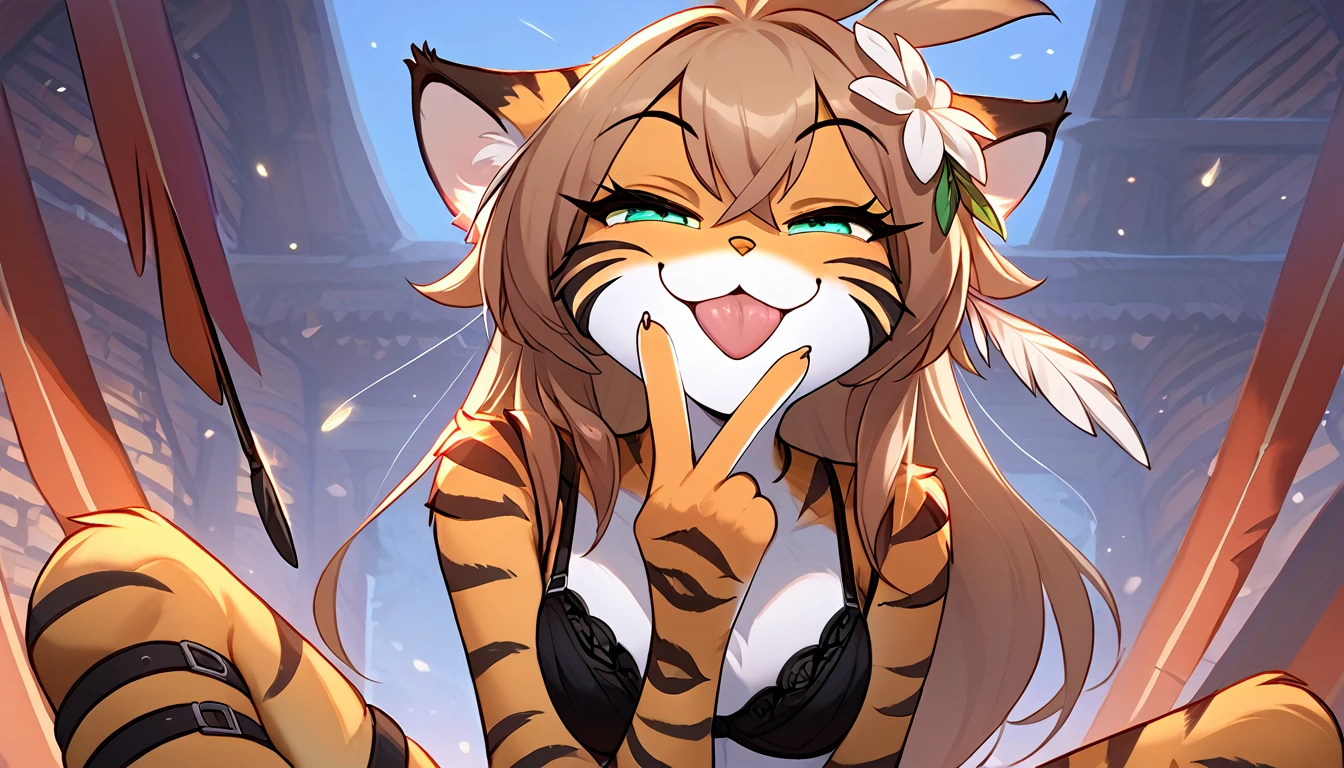 score_9, score_8_up, score_7_up, score_6_up, score_5_up, score_4_up, rating_explicit, source_furry, female, cute anthro female, (smug face, horny grin, smug grin, smile, smug smile, tongue out), detailed background, looking at viewer, solo, solo focus, long hair, orange fur, smile, brown hair, tkflora, striped fur, ahoge, full body, thighs, (black bra, black thong, black underwear, thigh strap), (feather on hair:1.4), tiger ears, seductive pose, spread legs, raised leg, hand hovering over mouth doing cunnilingus gesture, low angle view