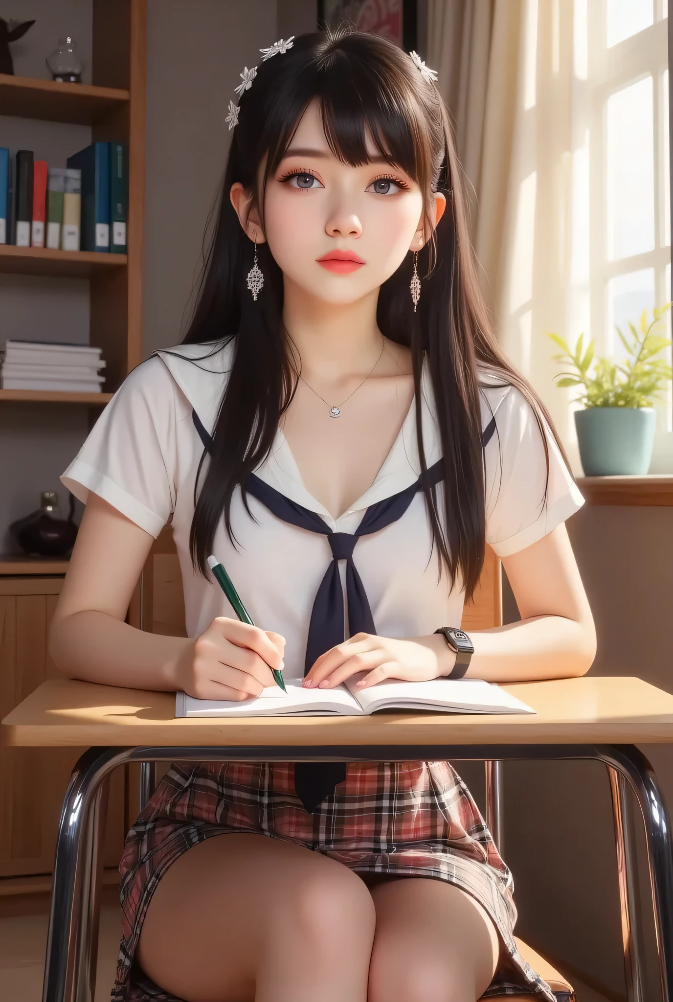 realistic, beautiful young woman, gorgeous face, thick eyeliner, winged_eyeliner, bangs, sitting on small metal chair, writing in notebook at student desk, wearing tight white blouse and plaid skirt, undone tie, earrings, hairband, extra_large bust, indoors, soft lighting, window with sunlight, cozy room, realistic, intricate details, warm colors, by Greg Rutkowski, by Alphonse Mucha, Nat DR.