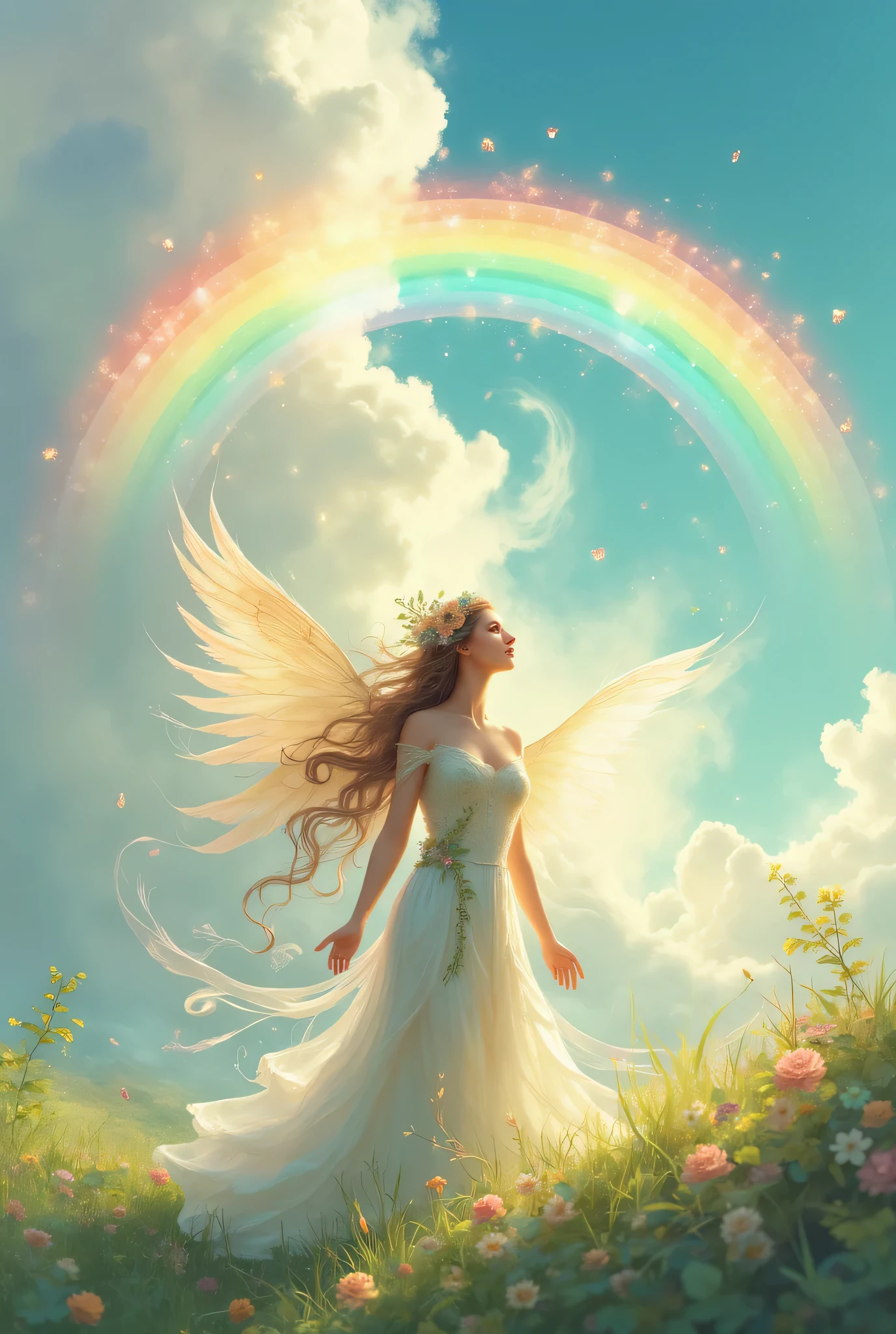 "An angel with delicate wings gazing at a bright rainbow in the sky. The background is filled with soft clouds, and the angel stands on a grassy hill. The colors are soft and pastel, with warm lighting, creating a sense of wonder and happiness."