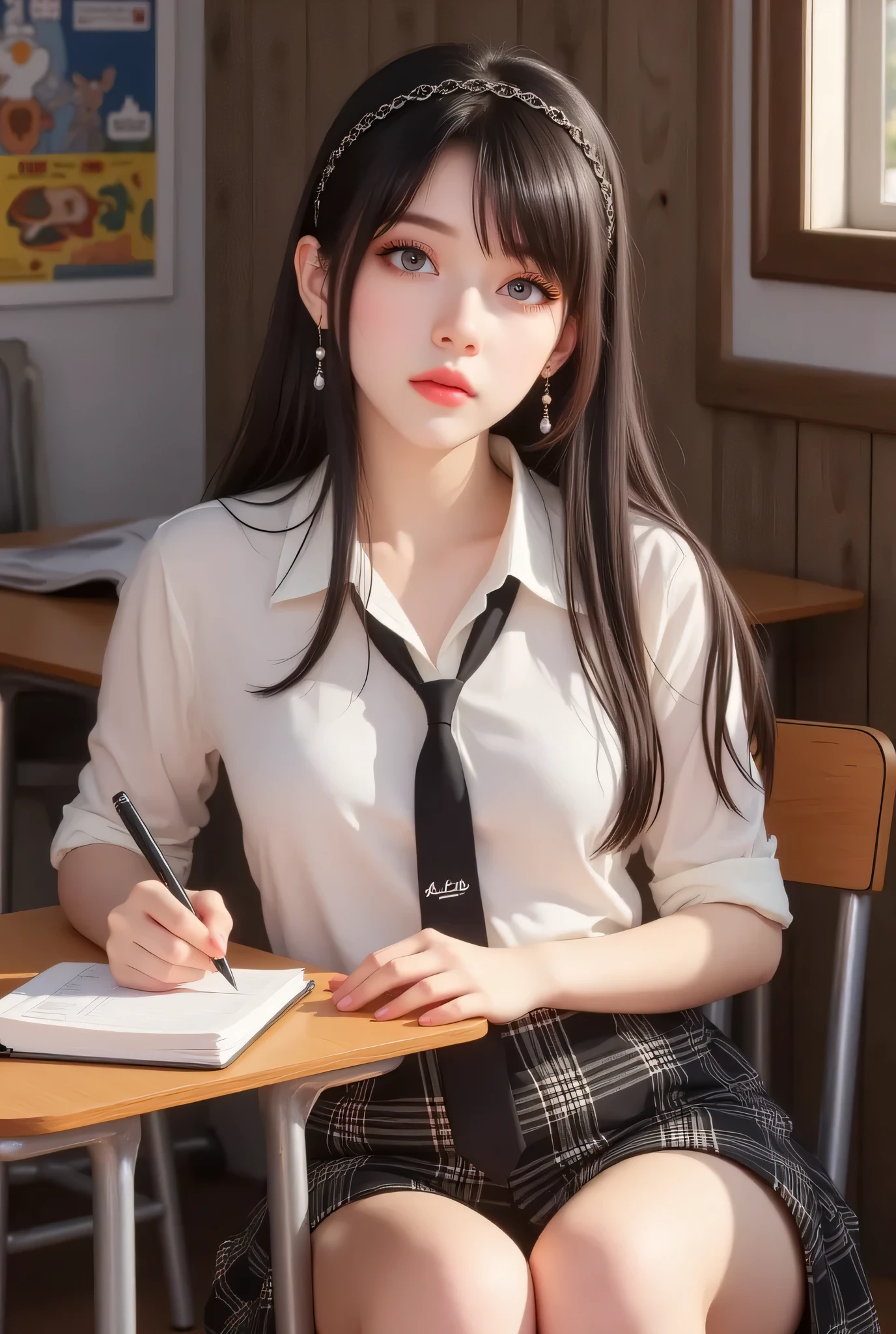 realistic, beautiful young woman, gorgeous face, thick eyeliner, winged_eyeliner, bangs, sitting on small metal chair, writing in notebook at student desk, wearing tight white blouse and plaid skirt, undone tie, earrings, hairband, extra_large bust, indoors, soft lighting, window with sunlight, cozy room, realistic, intricate details, warm colors, by Greg Rutkowski, by Alphonse Mucha, Nat DR.