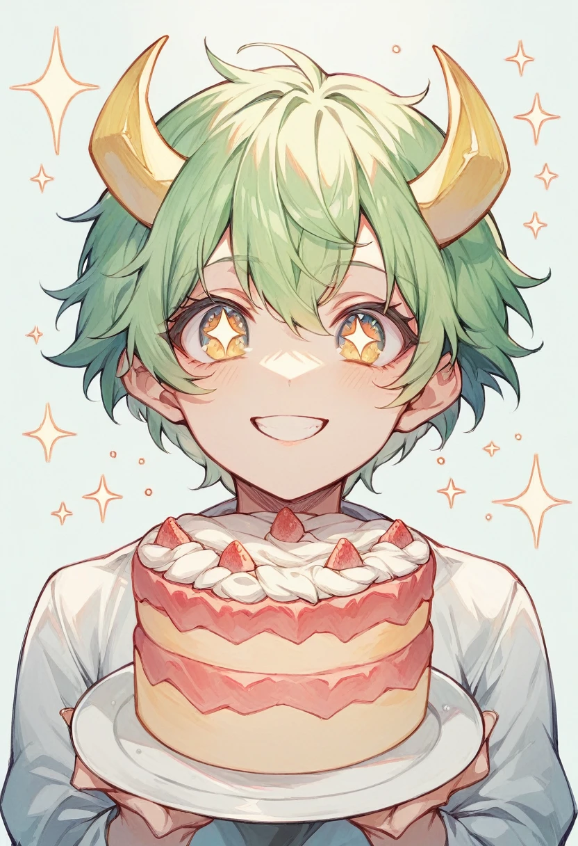 Green Hair, Short Hair, Very Short,boyish hair , short yellow horns,I'm looking at the cake,Sparkling Eyes,smile