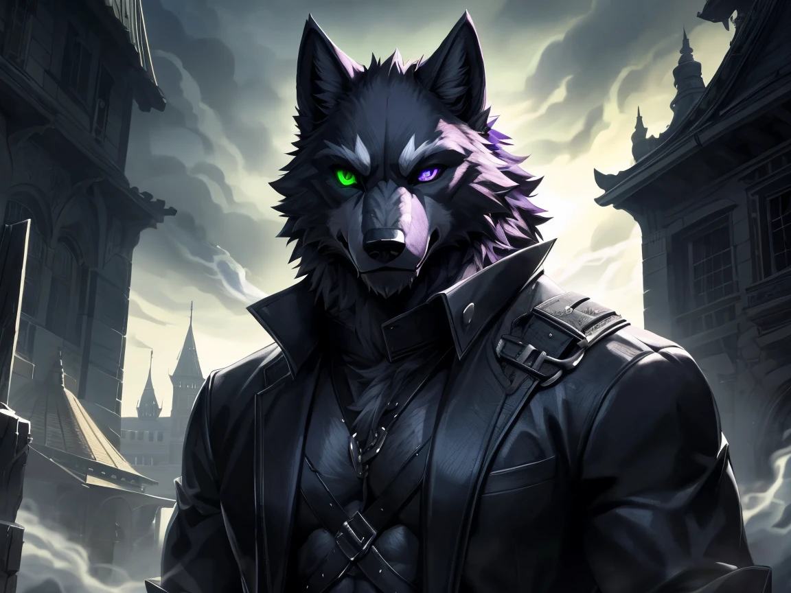 a muscular male wolf with bright eyes, Heterochromia, (((left eye purple right eye green))), detailed fur in black and white colors, by Null-Ghost, By Drks, wearing black straps of leather, wearing Suit, outdoors with heavy shadows, heavy green smoke and fog, ((body made of smoke)), (best quality,4k,8k,highres,masterpiece:1.2),ultra-detailed, highly detailed wolf face, extremely detailed eyes and face, long eyelashes, hyper realistic, dark fantasy, dramatic lighting, moody atmosphere, dramatic shadows, 