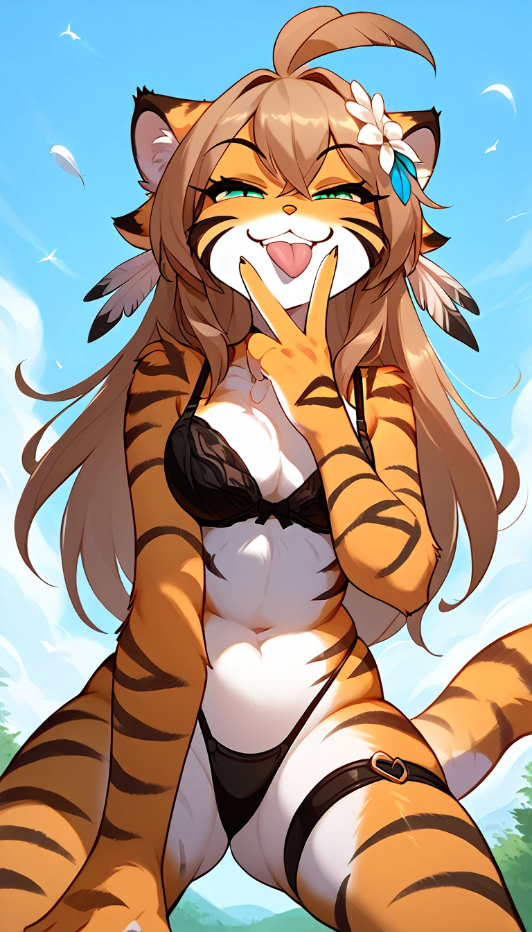 floratwokinds, flora, twokinds, by tom_fischbach,, (best quality, masterpiece:1), solo focus, furry female anthro, yellow eyes, long hair, brown hair, portrait, fingers, finger claws, looking at viewer, tiger tail, full body, nipples, big eyes, hanging breasts, puffy nipples,front view, tiny breasts, riding human sex, spread legs,