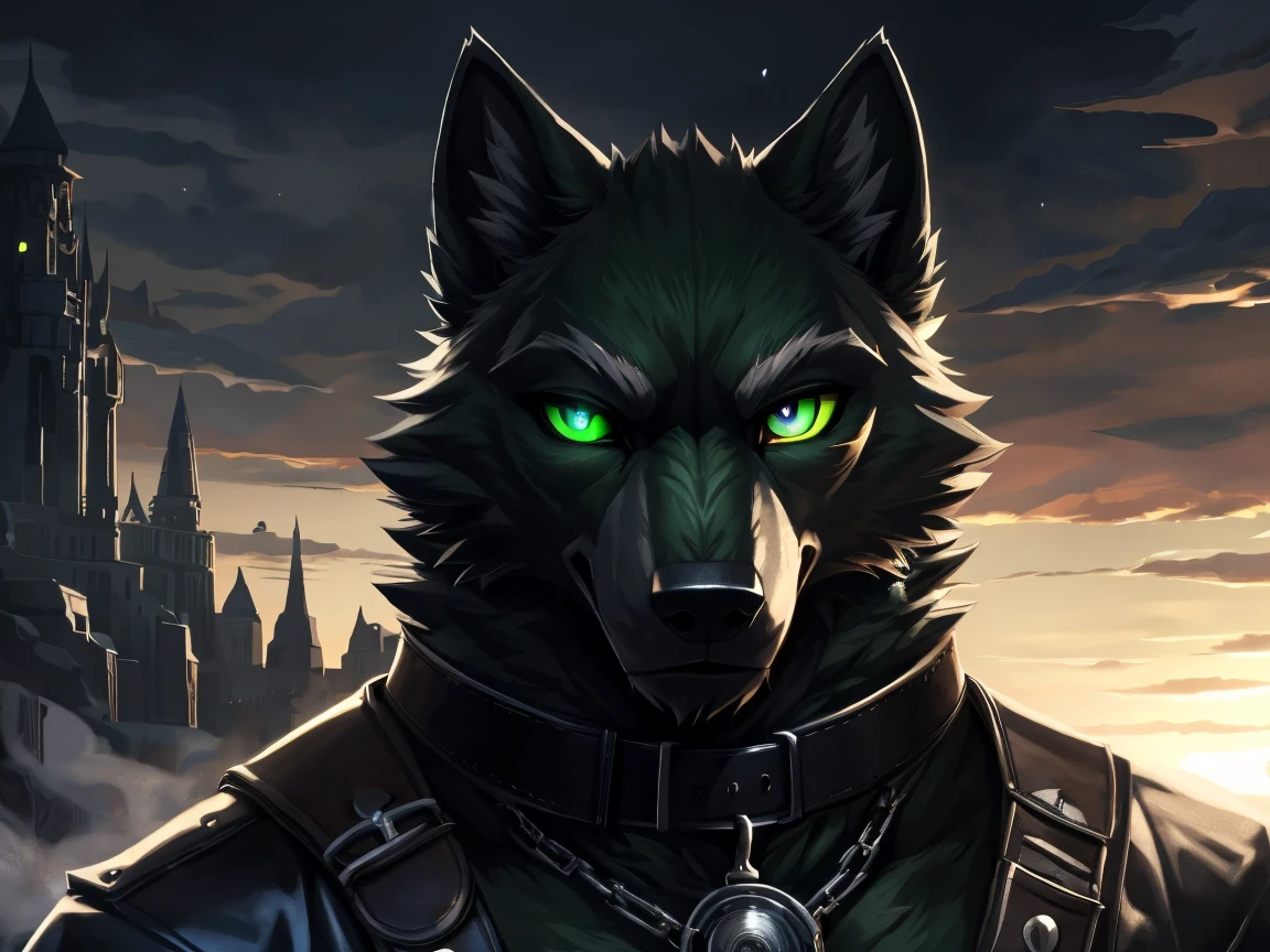 a muscular male wolf with bright eyes, Heterochromia, (((left eye purple right eye green))), detailed fur in black and white colors, by Null-Ghost, By Drks, wearing black straps of leather, wearing Suit, outdoors with heavy shadows, heavy green smoke and fog, ((body made of smoke)), (best quality,4k,8k,highres,masterpiece:1.2),ultra-detailed, highly detailed wolf face, extremely detailed eyes and face, long eyelashes, hyper realistic, dark fantasy, dramatic lighting, moody atmosphere, dramatic shadows, 